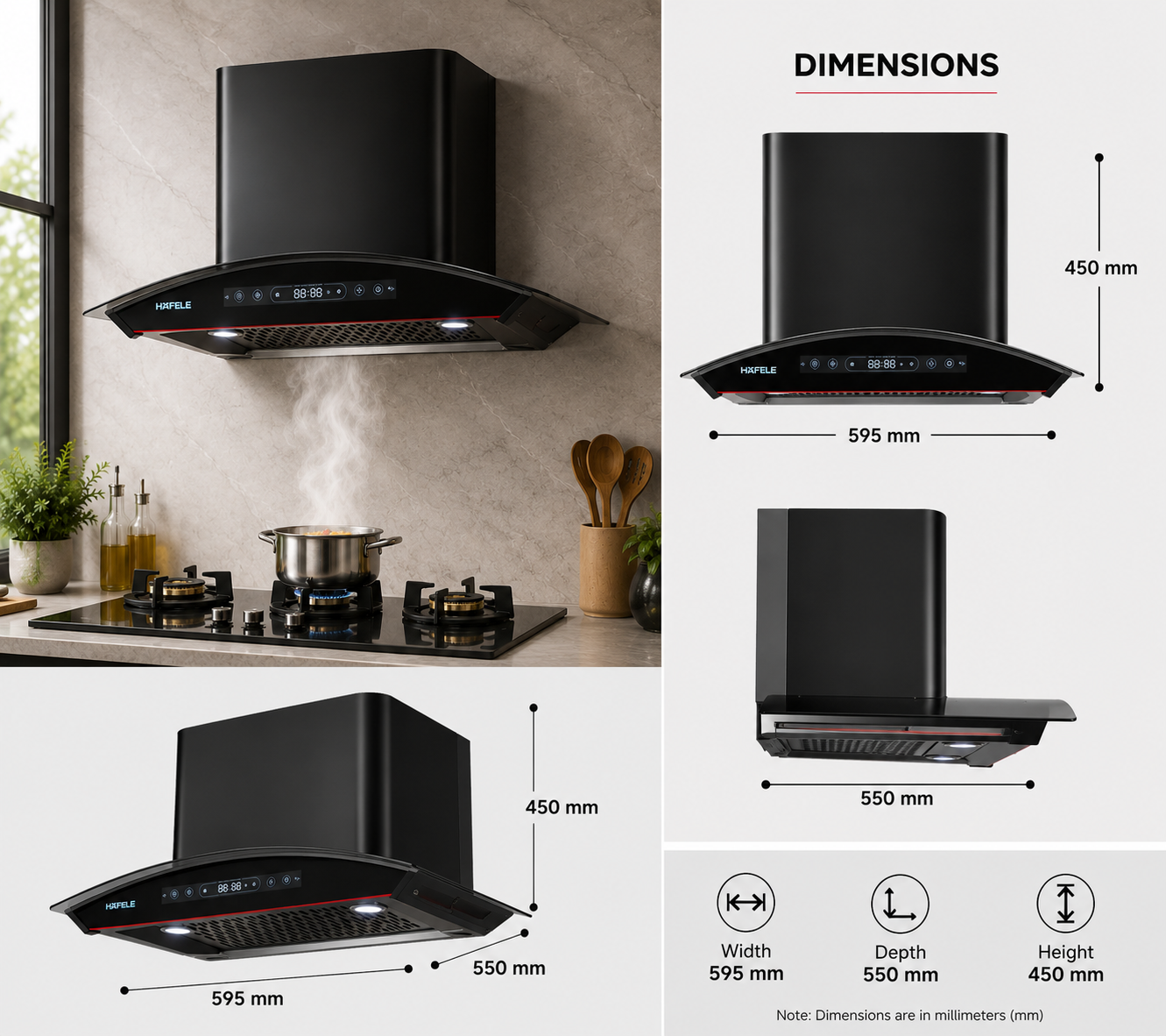 Hafele Renata Curved 60 Filter-Free Auto Clean Chimney | 60cm | Black Curved Glass