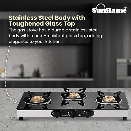 Sunflame Crystal Nova 3 Burner Gas Stove | Dual Drip Trays | 1 Jumbo, 1 Medium and 1 Small Brass Burner | 2 Year Product Coverage by Sunflame | Manual Ignition | PAN India Presence