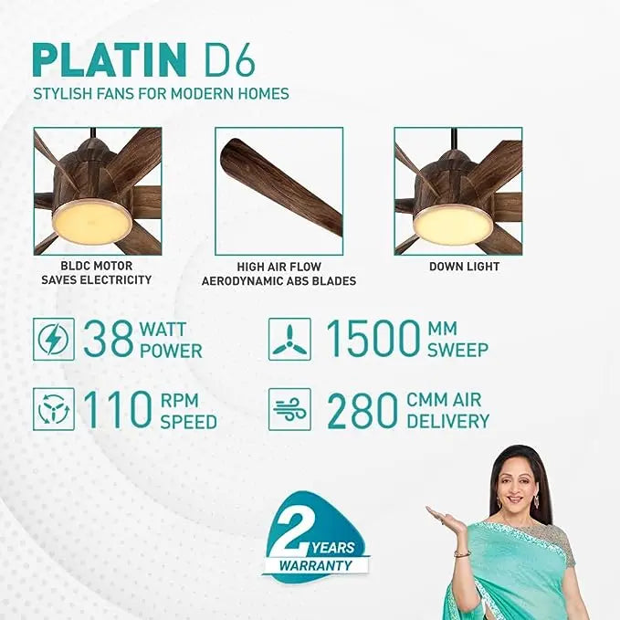 KUHL Platin D6,Teakwood, Stylish BLDC Fan| 5-Star Rated| Low Power 38W| High Air Flow |Low Noise| 6 Aerodynamic ABS Blades| Down Light |1500 mm Sweep | Operate on Remote - Mobile - Alexa |Reverse Mode