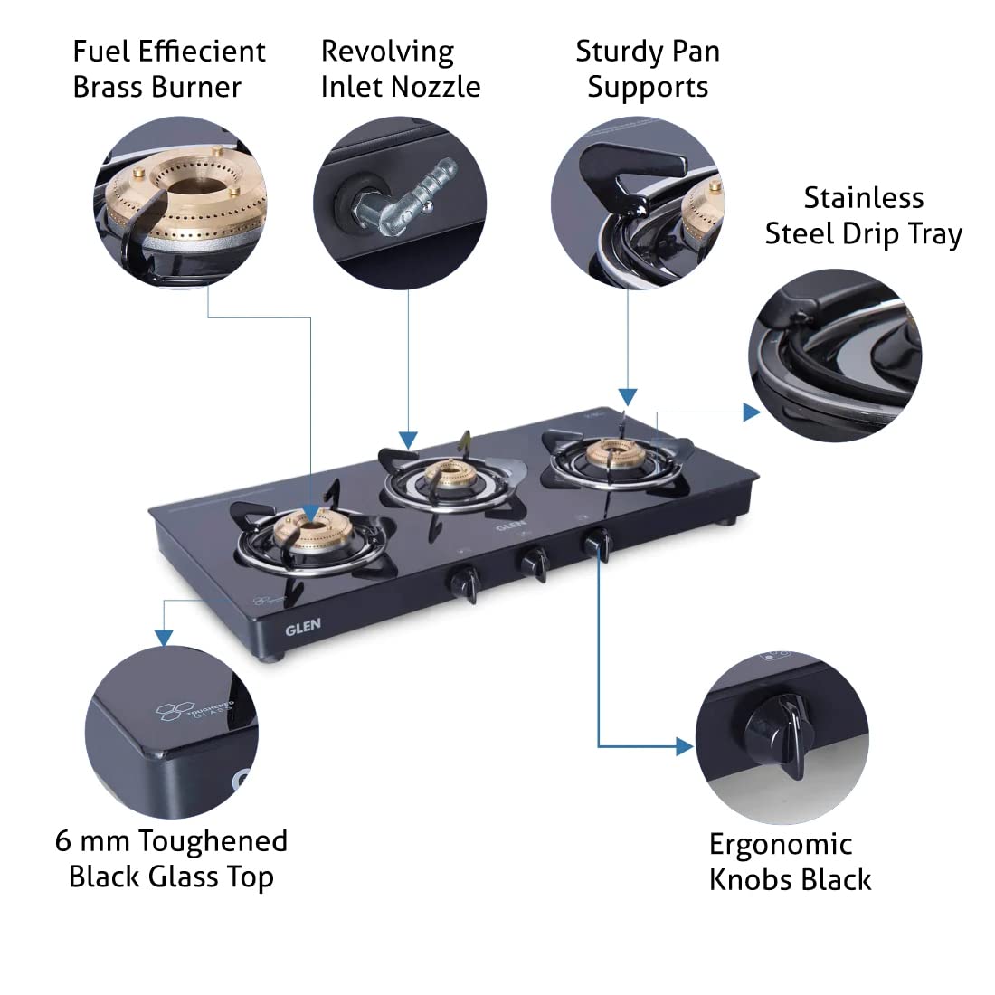 Glen 3 Burner Toughened Glass Top | LPG Gas Stoves with Fuel Efficient Brass Burners | Black | ISI Certified| Fixed Stainless Steel Drip Trays | 1033 GT BB BL (Auto Ignition)