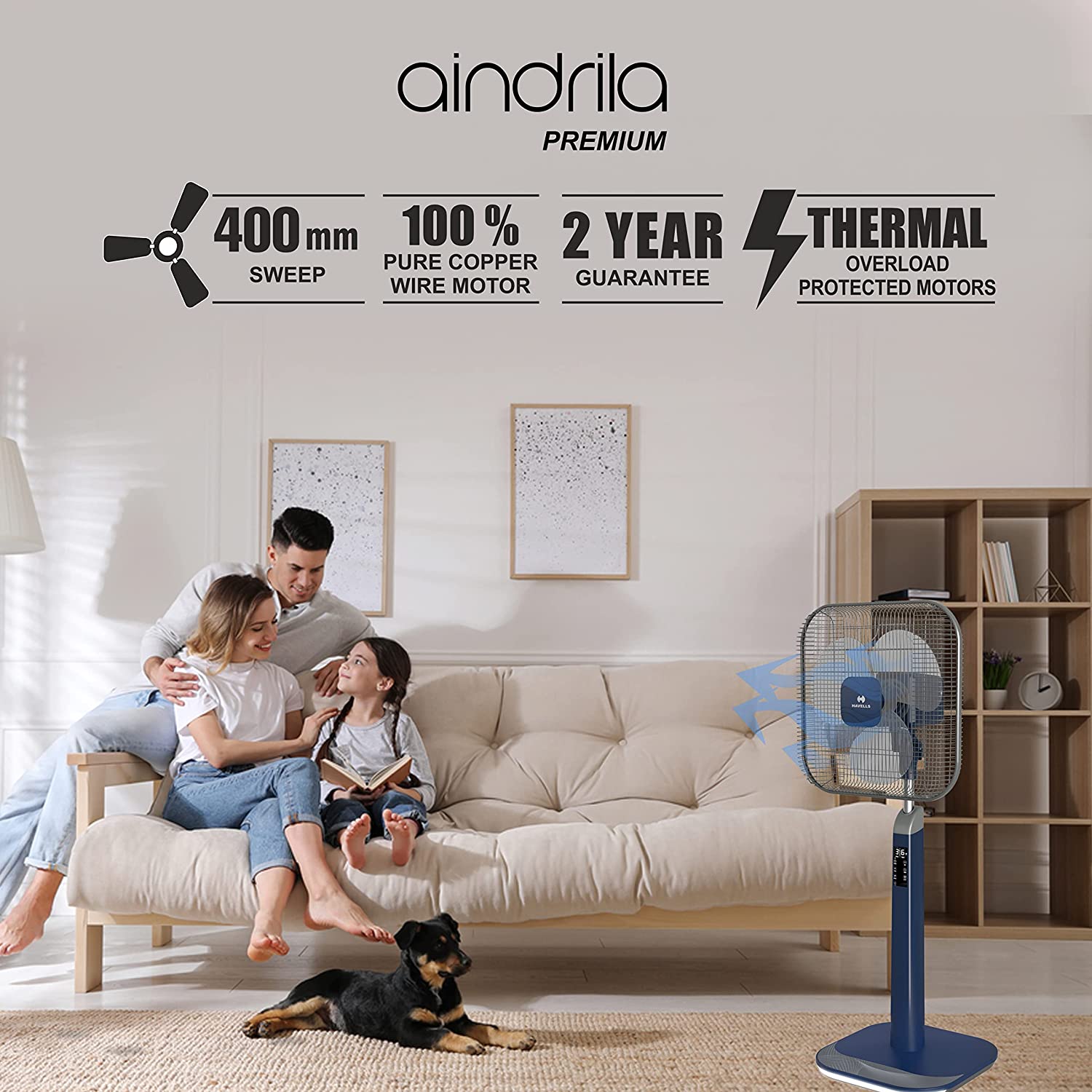 Havells Aindrila Premium 400mm Pedestal Fan (Dark Blue Gray)