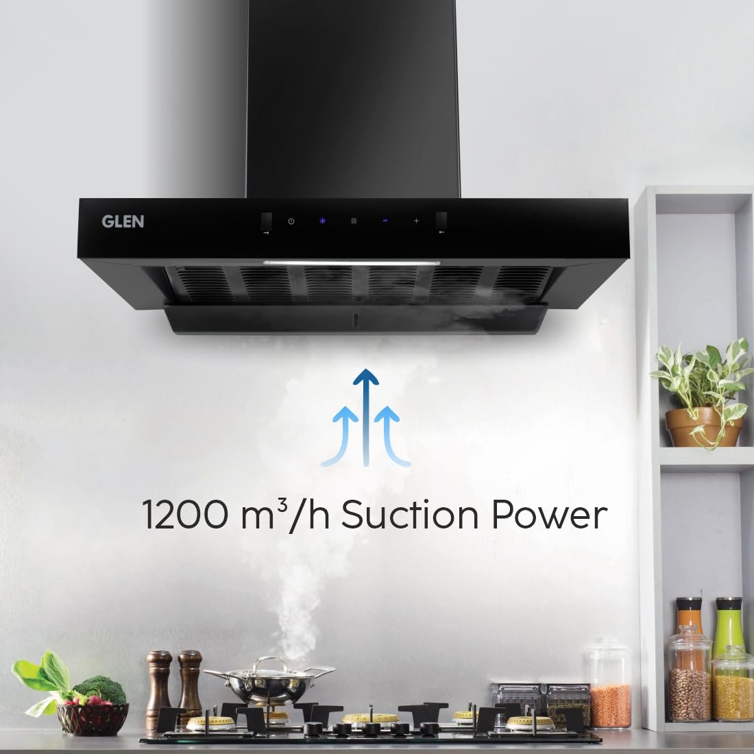 GLEN 60 cm 1200 m3/hr Auto-Clean Filterless Kitchen Chimney (Hood Anya,Touch+Motion Sensor Controls,Black)