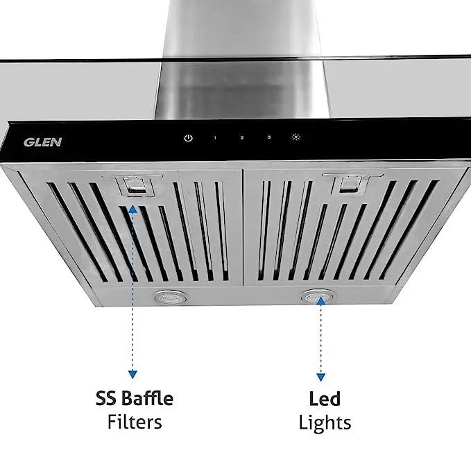 Glen 60 cm 1000 m3/hr Glass Wall Mount Kitchen Chimney Touch Controls Baffle Filters (6062 SX TS, Silver)