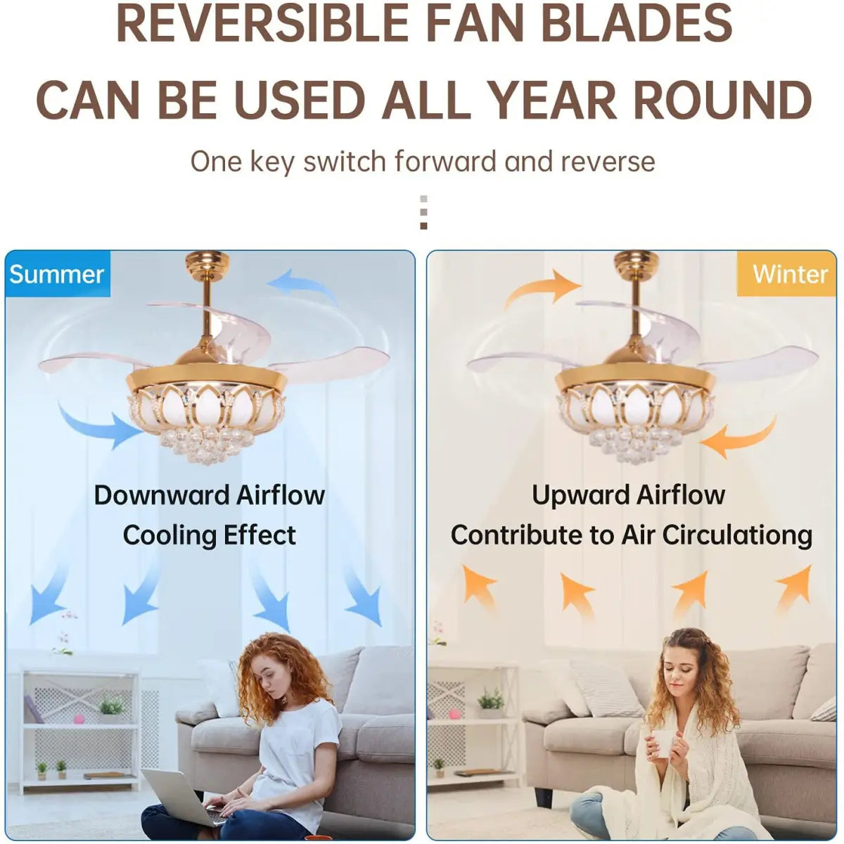 oltao Goldfinch Chandelier Fan with BLDC Motor, LED Light, Noiseless Retractable Blade, Summer/Winter mode And Remote
