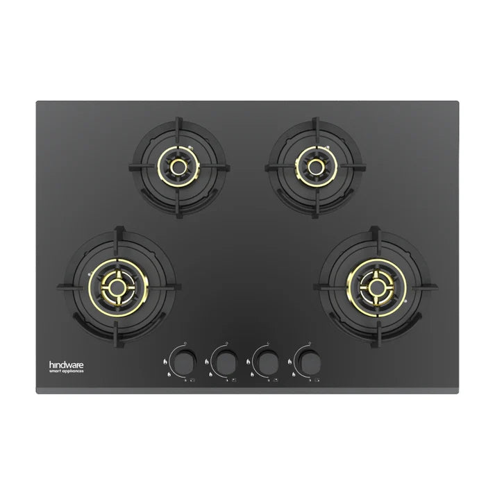 Hindware HAZEL 4B 75 | Full Brass Burner | Auto Ignition | Flame Guard Round Pan Support | Metal Knobs | 8 mm Toughened glass | Hob 4 Burners (Black)