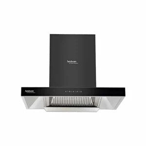 Hindware Alicia Auto Clean 75 cm kitchen chimney, front view with black glass panel and steel body