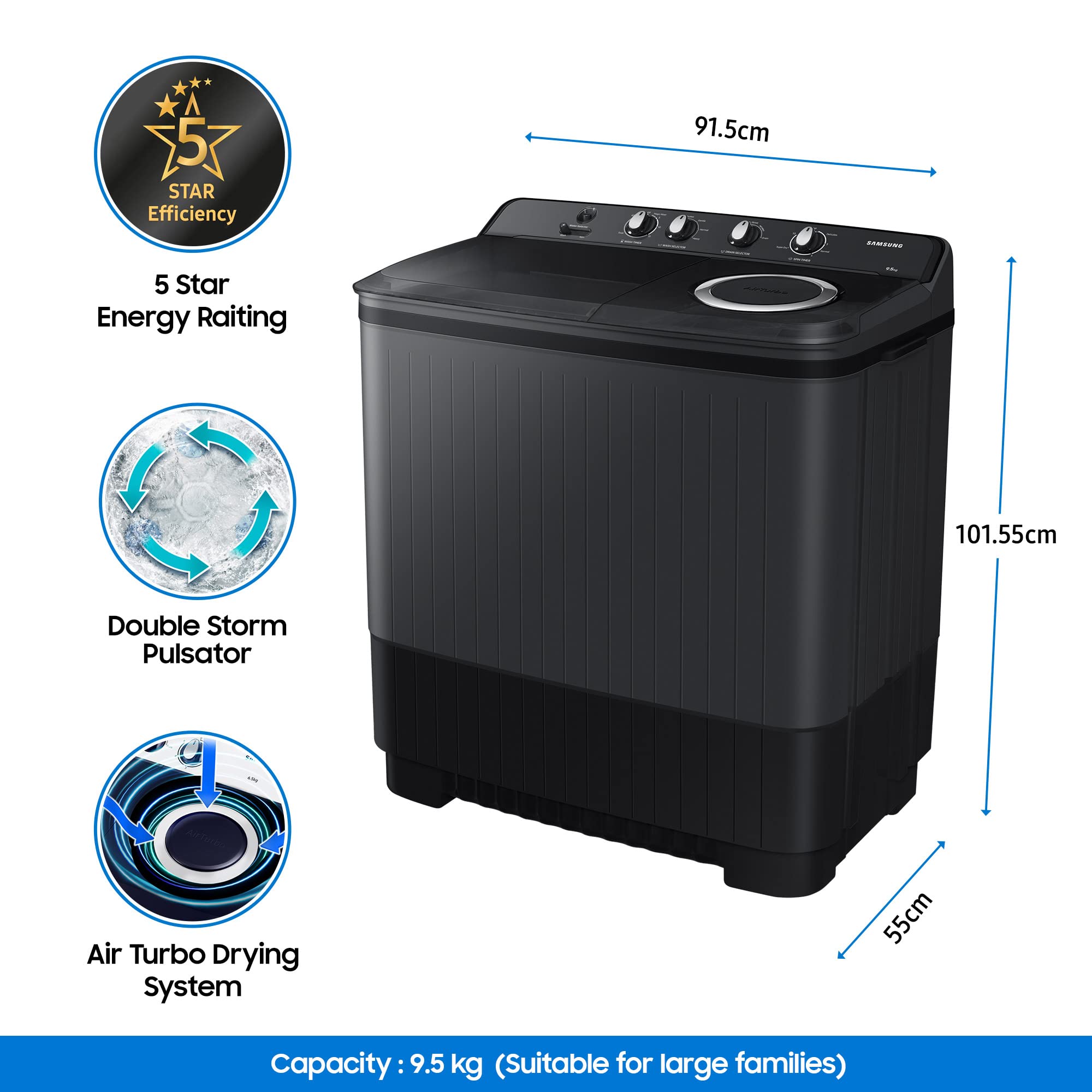 Samsung 9.5 kg, 5 Star, Hexa Storm Pulsator, Semi-Automatic Top Load Washing Machine (WT95A4260GD/TL, Air Turbo Drying, Dark Gray)