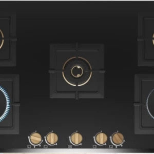 Bosch PNV9B6G20I 90 cm black glass gas hob with five brass burners and sword knobs, top view