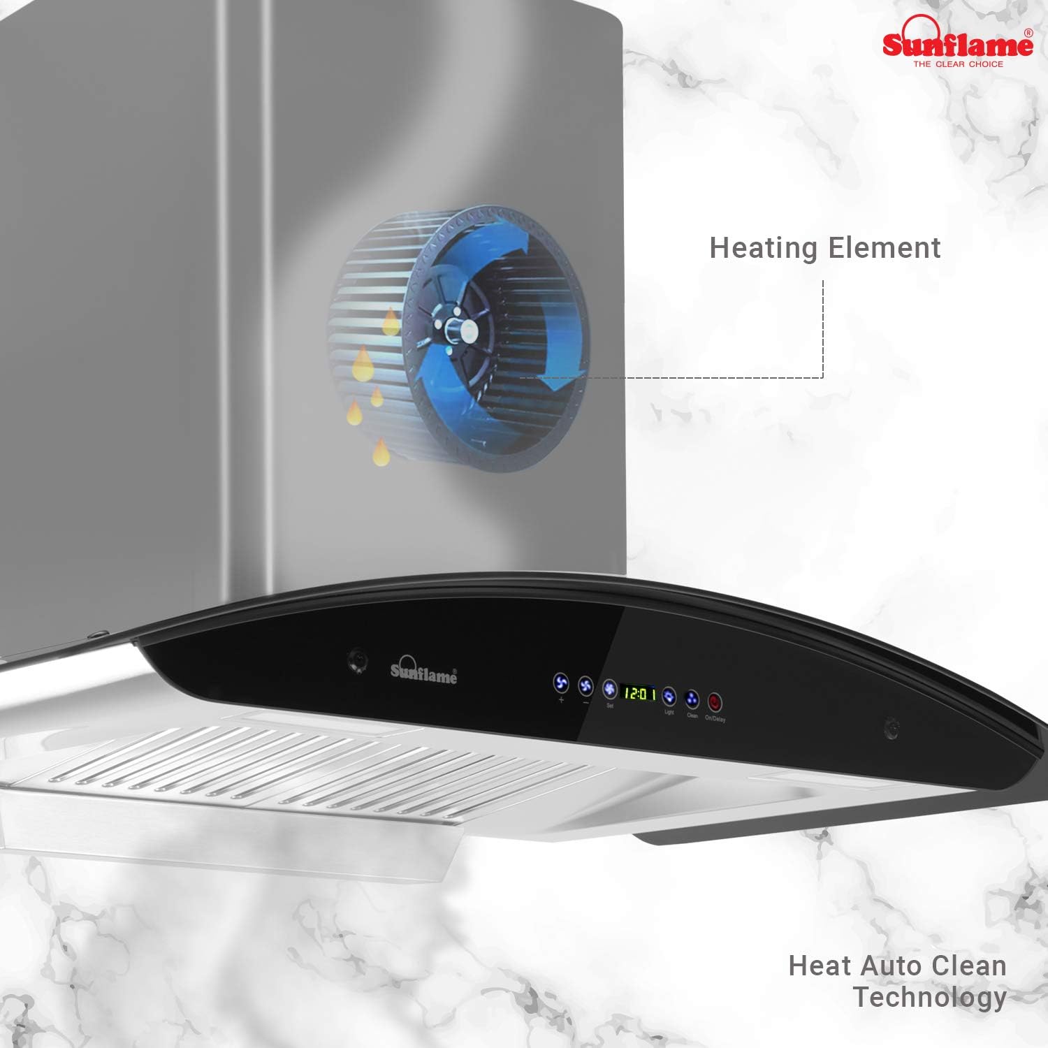 SUNFLAME 90cm 1100 m3/hr Auto Clean Chimney (CH Rapid 90 DX, 2 Baffle, Touch Control, Steel/Grey)