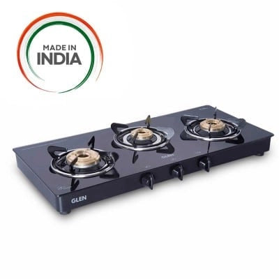 Glen 3 Burner Glass Gas Stove 1032 GT HF Black BB Double Drip Tray