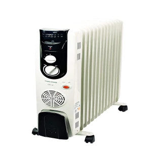 Morphy Richards OFR 13F 13-fin oil filled radiator room heater, front three-quarter view on castor wheels