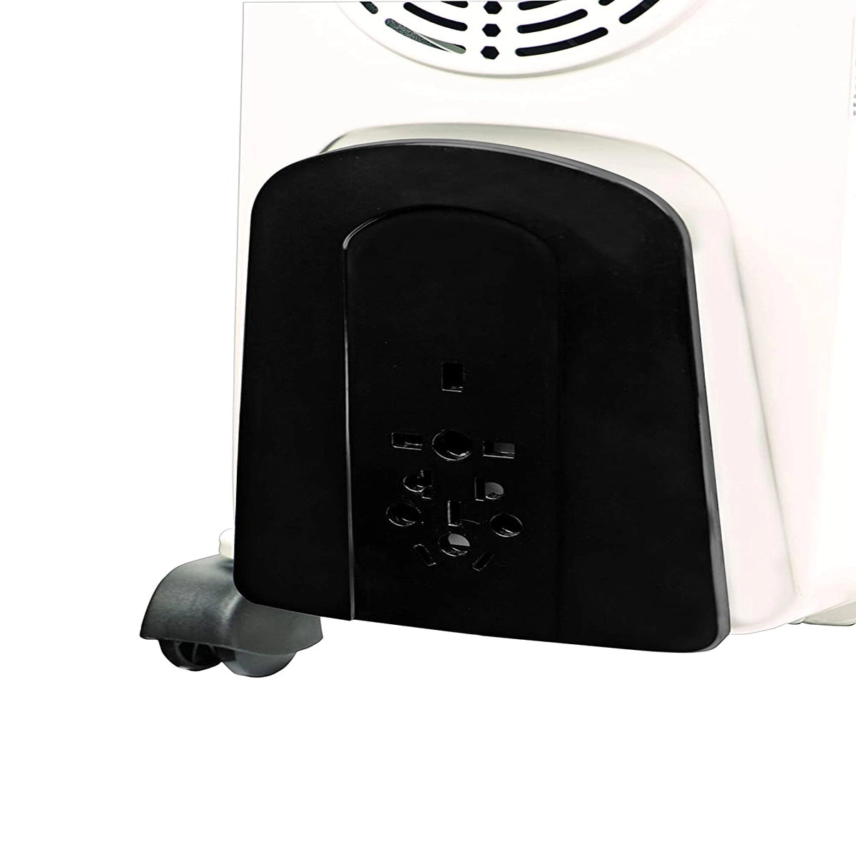 Morphy Richards OFR 13F heater base showing the black panel with socket cut-outs and a castor wheel