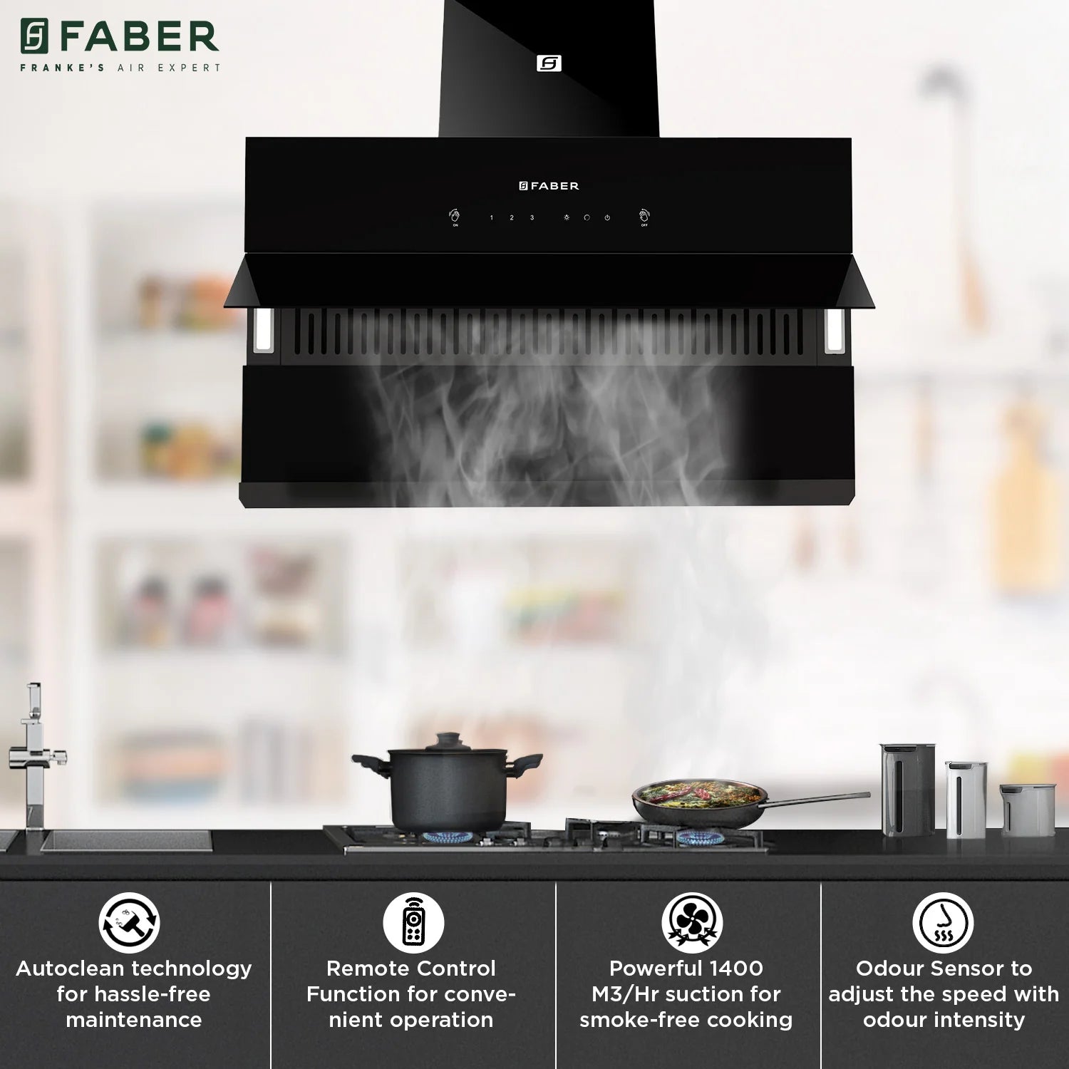 Faber Zenith FL HC SC BK 90cm Ducted Chimney with Odor Sensor (Black) - 1400m3/hr Auto Clean Wall Mount