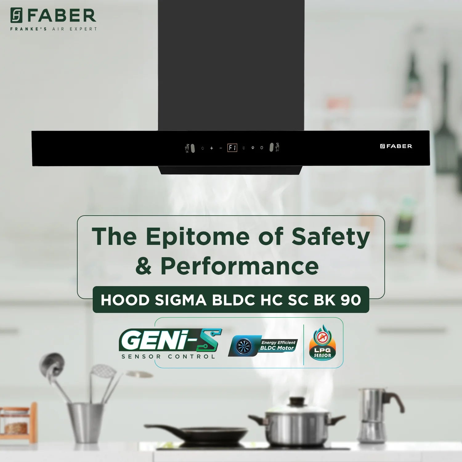 Faber Sigma BLDC HC SC FL BK IN 90cm 1600m3/hr Ducted Auto Clean Wall Mount Chimney with LPG Sensor