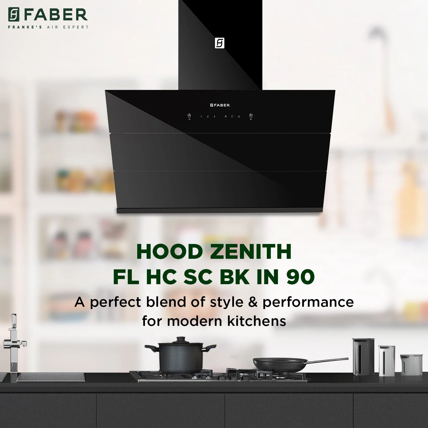 Faber Zenith FL HC SC BK 90cm Ducted Chimney with Odor Sensor (Black) - 1400m3/hr Auto Clean Wall Mount