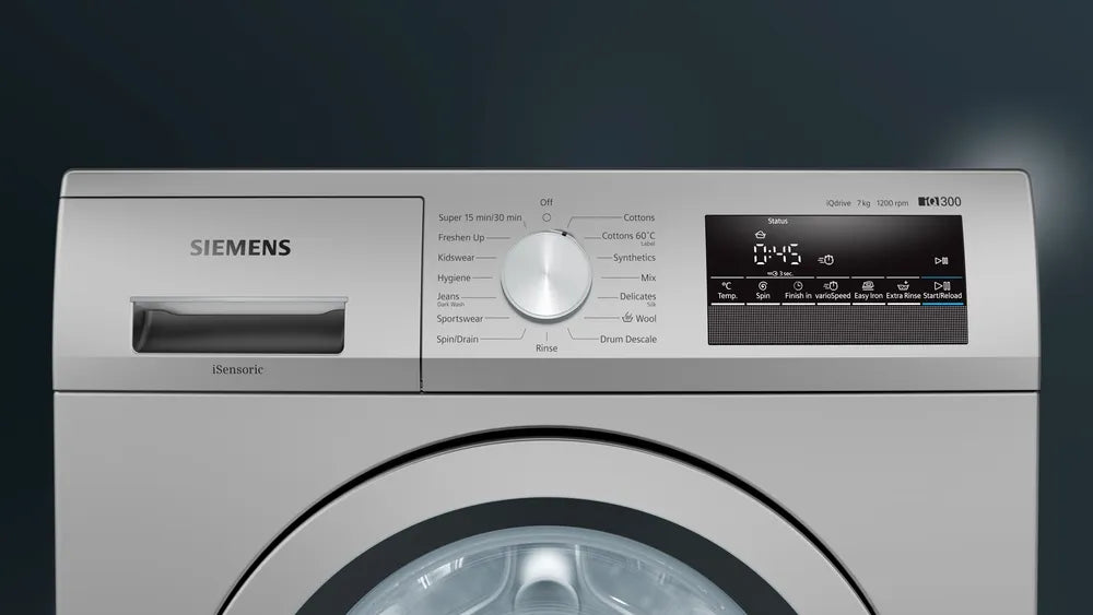 சீமென்ஸ் 5 ஸ்டார் 7KG 1200 RPM இன்வெர்ட்டர் டச் கண்ட்ரோல் உள்ளமைக்கப்பட்ட ஹீட்டருடன் கூடிய முழு தானியங்கி முன் ஏற்றுதல் வாஷிங் மெஷின் (WM12J26SIN, வெள்ளி)