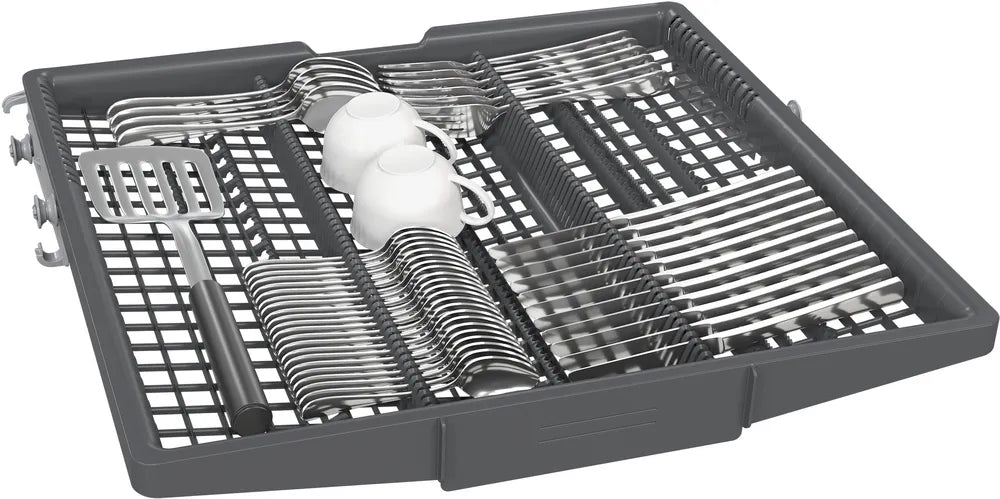 Gray dish rack with cutlery and plates on a white background