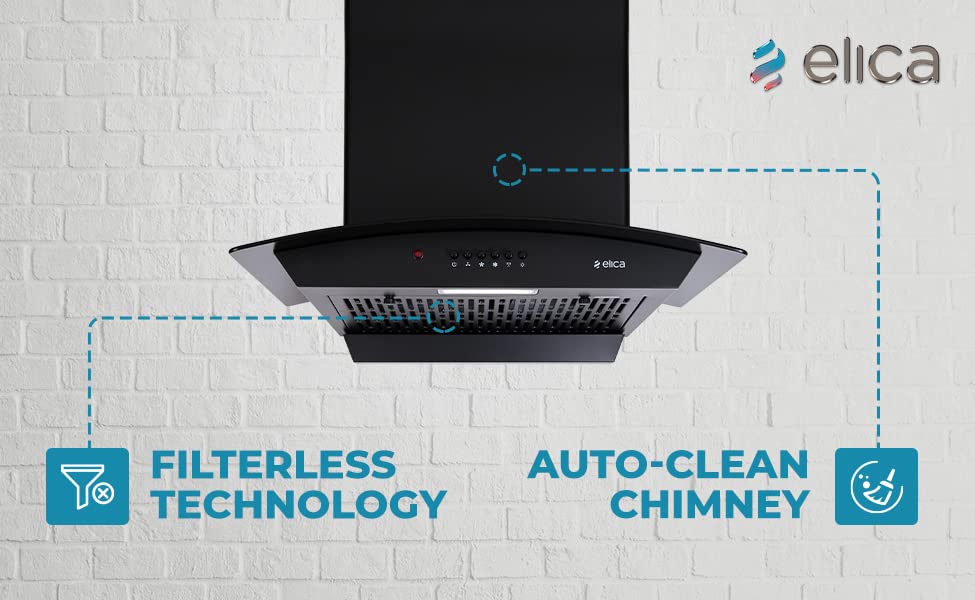 Elica 60 cm 1310 m3/hr Filterless Auto Clean Chimney (FLCG PB 600 HAC NERO, Push Button Control, Black)