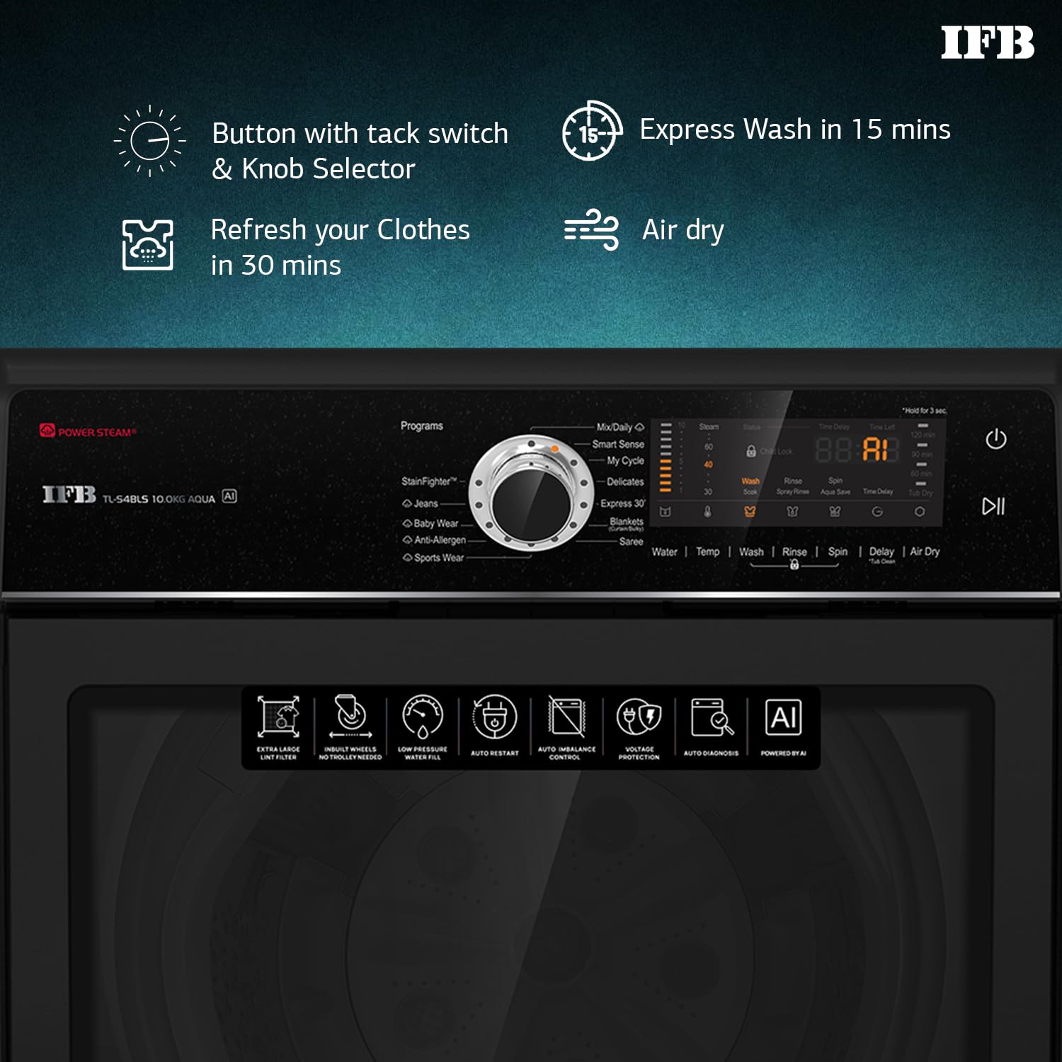 IFB 10 Kg 5 Star AI Powered Fully Automatic Top Load Washing Machine (TL S4BLS 10.0 Kg Aqua, Black VCM, 2X Power Steam, 4 Years Comprehensive Warranty)