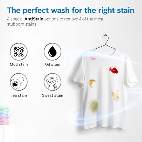 Bosch 9kg 5 Star Anti Stain & AI Active Water Plus Fully Automatic Front Load Washing Machine with Built in Heater (WGA1420TIN, Pretreatment & Steam with Anti Bacteria and 5 Star Inverter, Bl