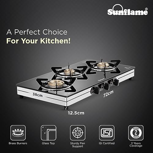 Sunflame Crystal Nova 3 Burner Gas Stove | Dual Drip Trays | 1 Jumbo, 1 Medium and 1 Small Brass Burner | 2 Year Product Coverage by Sunflame | Manual Ignition | PAN India Presence
