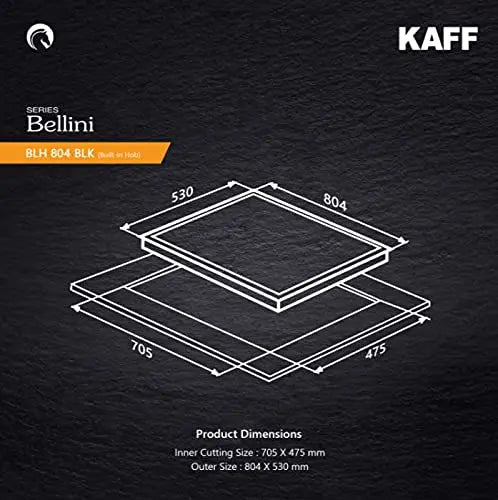 Kaff Built in Hob BLH 804 Auto Electric Ignition - 4 Full Brass High Efficiency Burners, Big Triple Ring Burner, Mini Ring Burner, 2 Dual Ring Burner Black