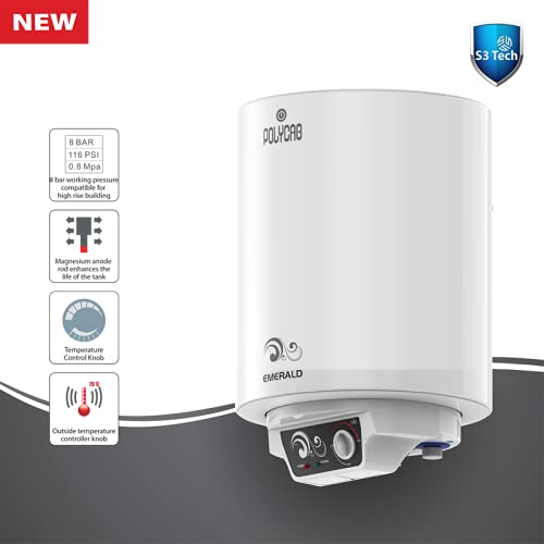 Polycab Emerald 15 litre Electric Storage Water Heater (Geyser) with 4 Star BEE Rating, Anti-rust tank, shock-proof body with advanced safety and 7 Year Inner Tank Warranty (White)