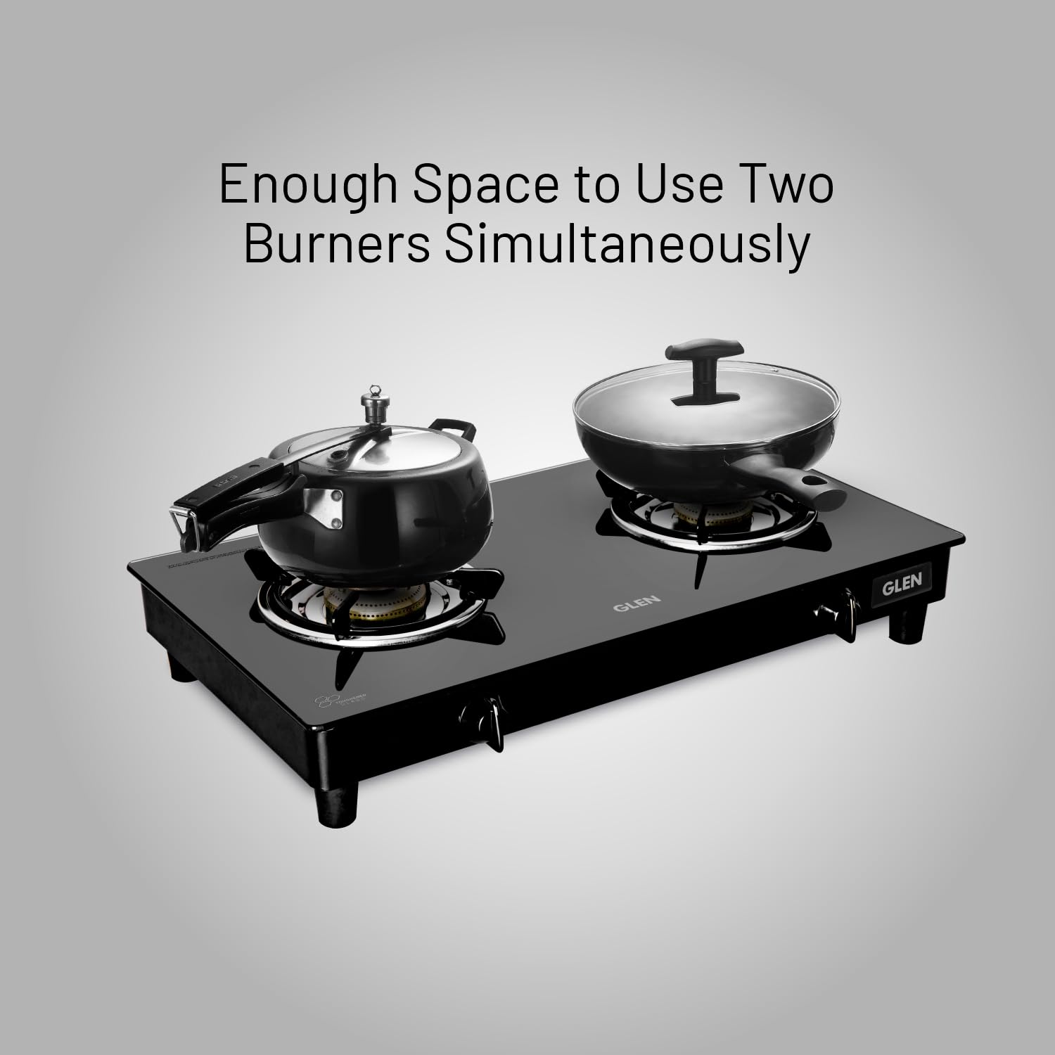 Glen 2 Burner Toughened Glass Top | LPG Gas Stoves | Fuel Efficient Brass Burners | Manual Ignition | ISI Certified | Ergonomic Knobs | Revolving Nozzle | 2 Manufacturer Year Warranty | 1020