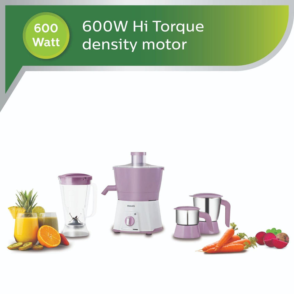 Philips HL7581/00 600 W Hi Torque density motor juicer mixer grinder shown with fruits and vegetables