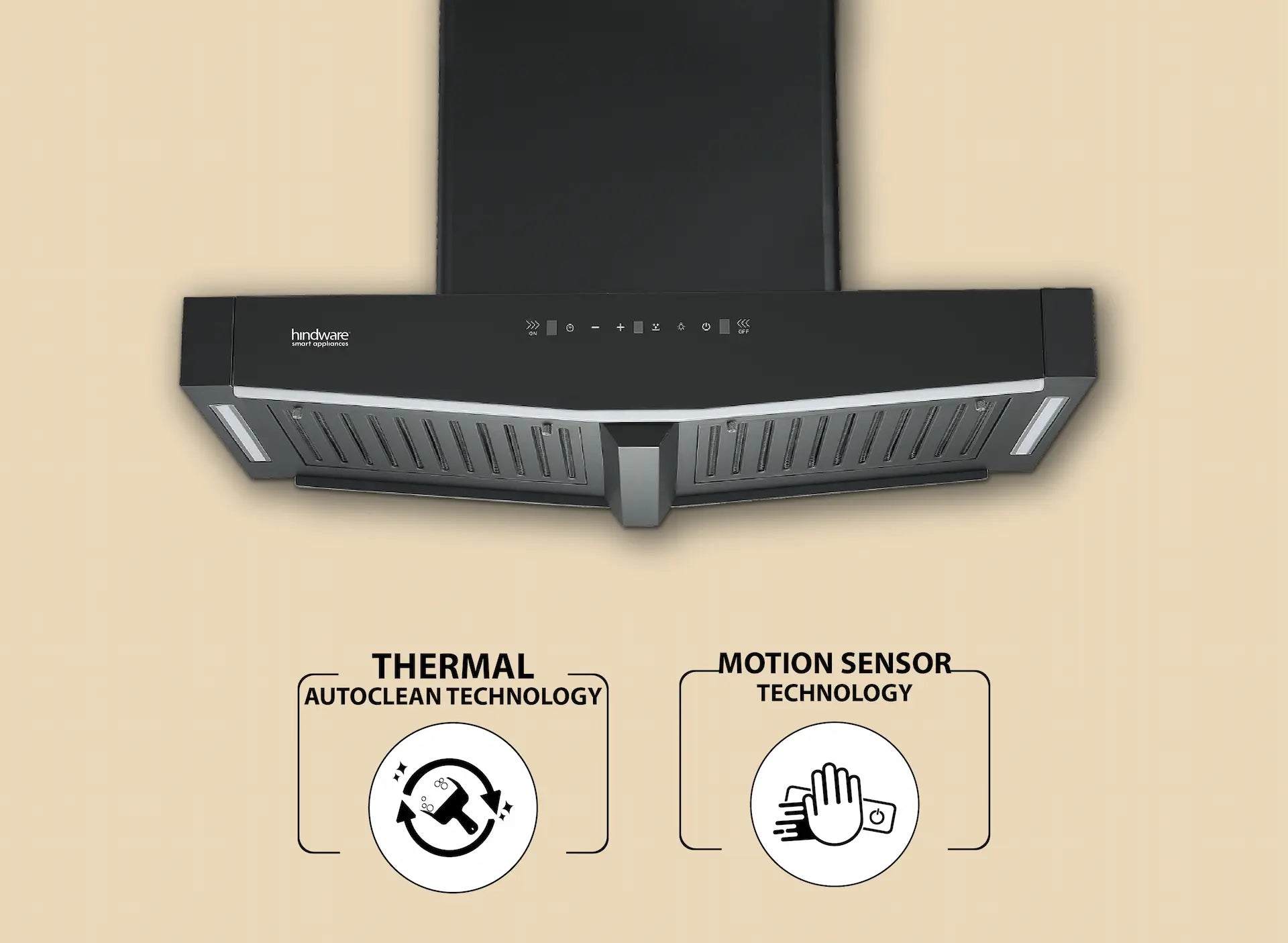 Hindware ONYX 90cm Island Chimney | 1450 m³/hr | Auto Clean | Motion Sensor & Remote Control