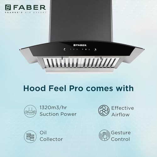 Faber 60 cm 1320 m³/hr Curved Glass Kitchen Chimney | 3 Layer Baffle Filter | Gravity Suction| Touch&Gesture Control | Oil Collector | 12 years warranty on Motor| Hood Feel Pro TC SC BF BK 60