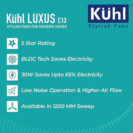 KUHL Stylish Fan Luxus C13 | 30W | BLDC Technology | 5-Star Rated | Operate on Remote-Mobile-Alexa | Night & Down Light |1200 mm sweep | Aerodynamic ABS 3 Blades | Reverse Mode | White (C13, White)