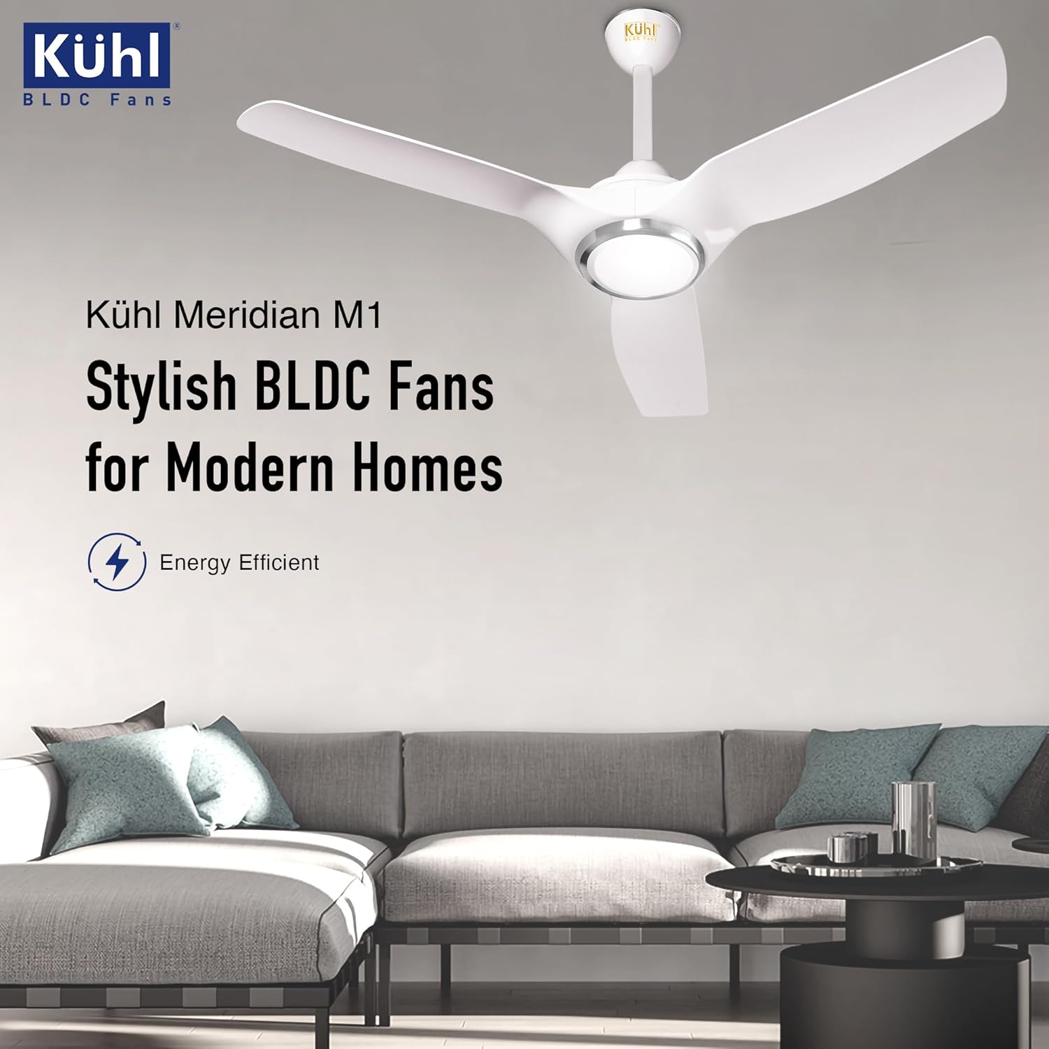 KUHL Meridian M1 1200MM BLDC Ceiling Fan: 65% Power Saving, Remote Control, BEE 5 Star & ISI Marked, High Air Flow, Down Light & Reverse Mode