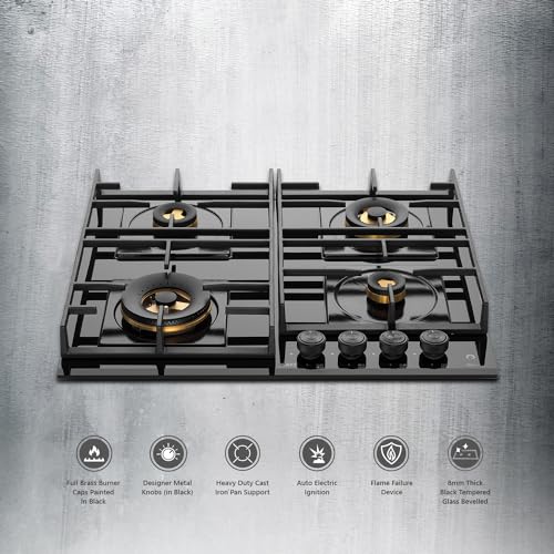 KAFF HBR 604 Built-in Hob/Hobtop 4 Burners, Auto Electric Ignition Glass Top, 60 CM, Powerful Brass Burners, 8 MM Thick Toughened Glass, Enamelled Matt Grills (Black)