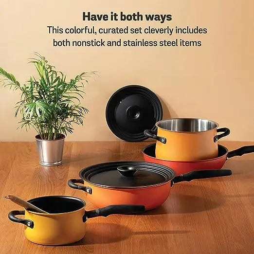 Meyer Accent Series Spark Edition Cookware Set Nonstick Stainless Steel Set Induction Base 6 Piece Assorted Colors