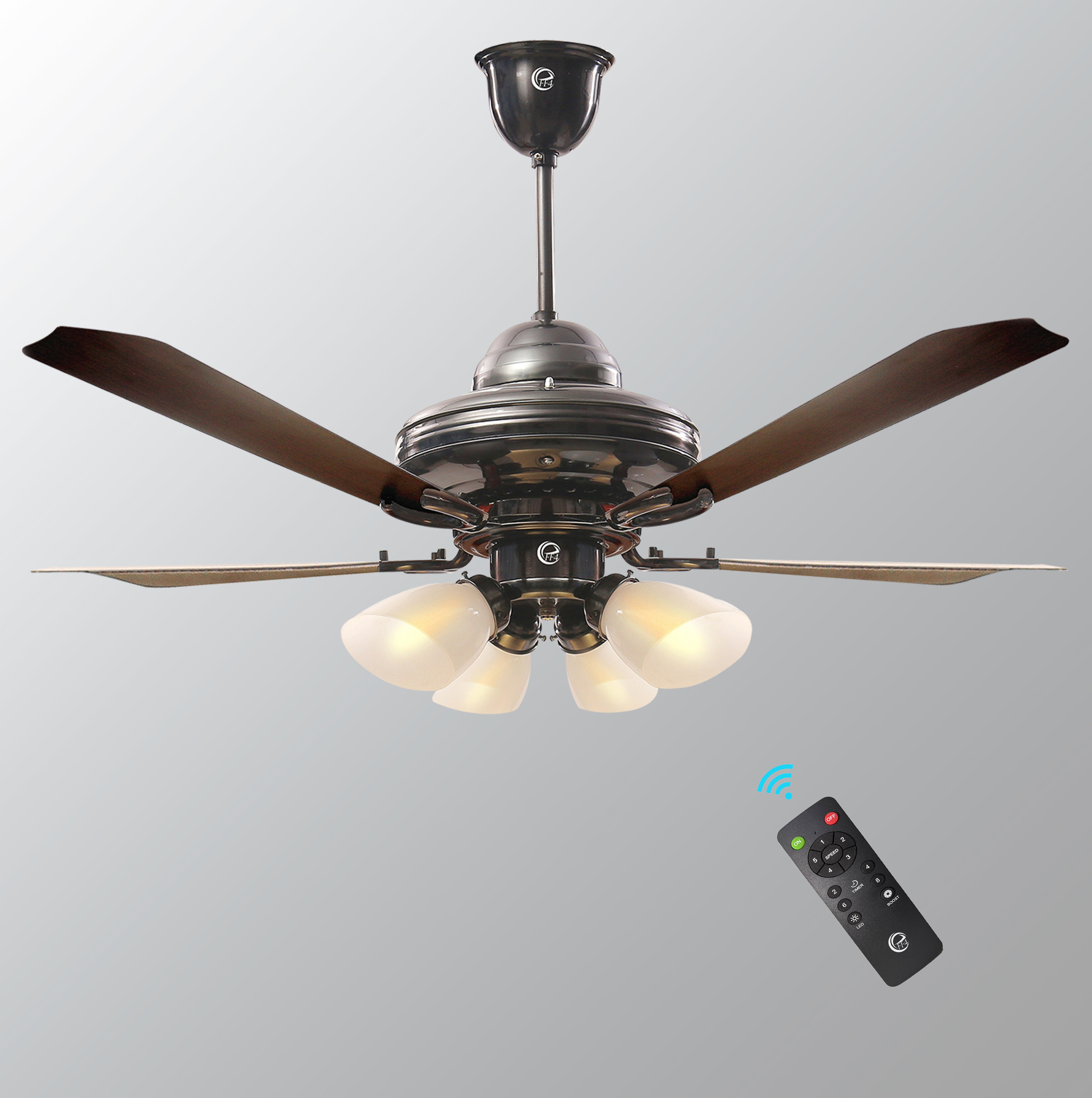 eFF4 Atom Power Saving Remote Ceiling Fan with BLDC Motor 1200 mm 4 Blade 4 Star (Rosewood) Decorative Fan with Lights - High Air Flow (2 Years Warranty)