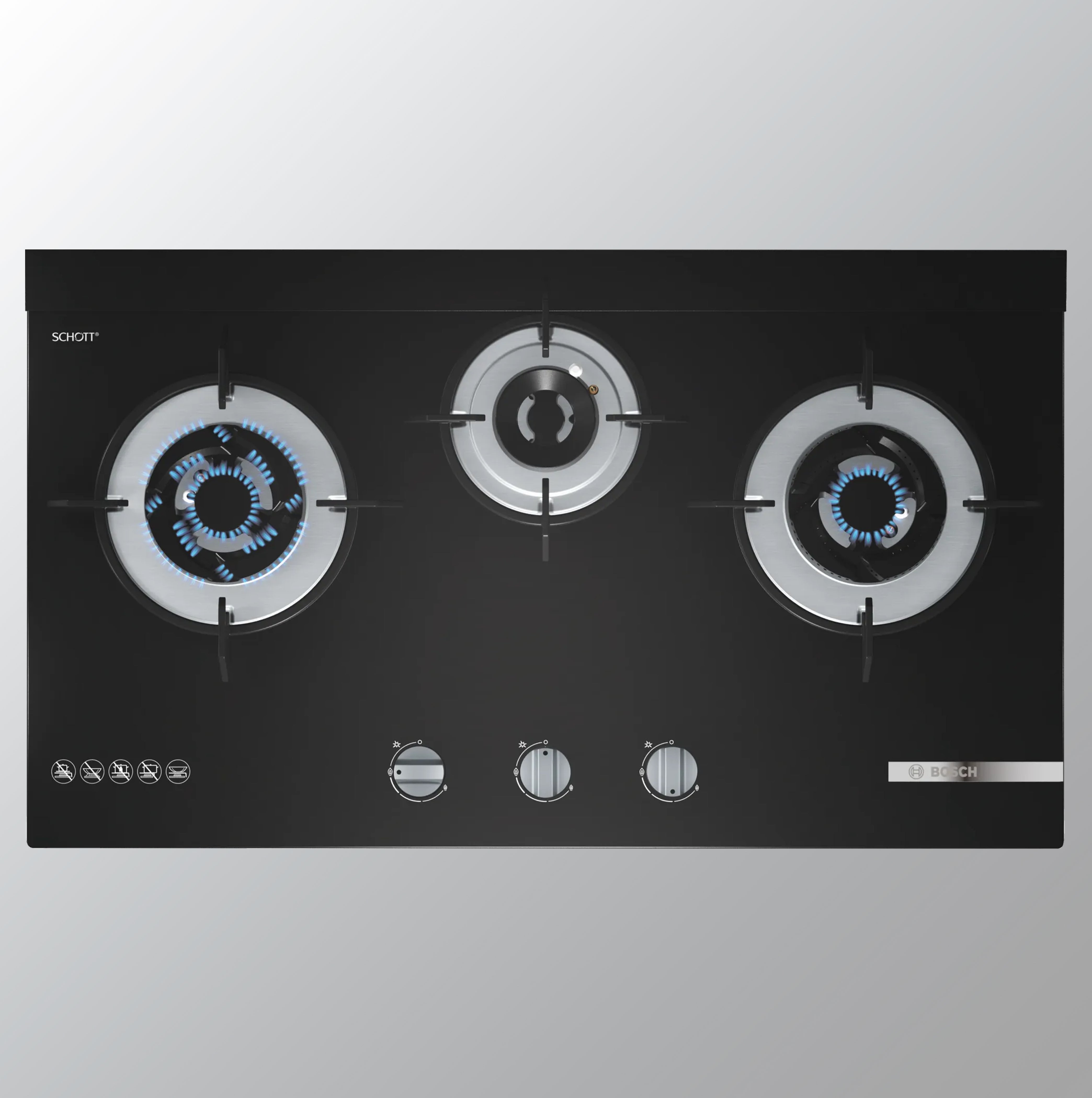 Bosch Gas Hob PMD83D31NX Triple Ring Brass Burner Auto Ignition Black