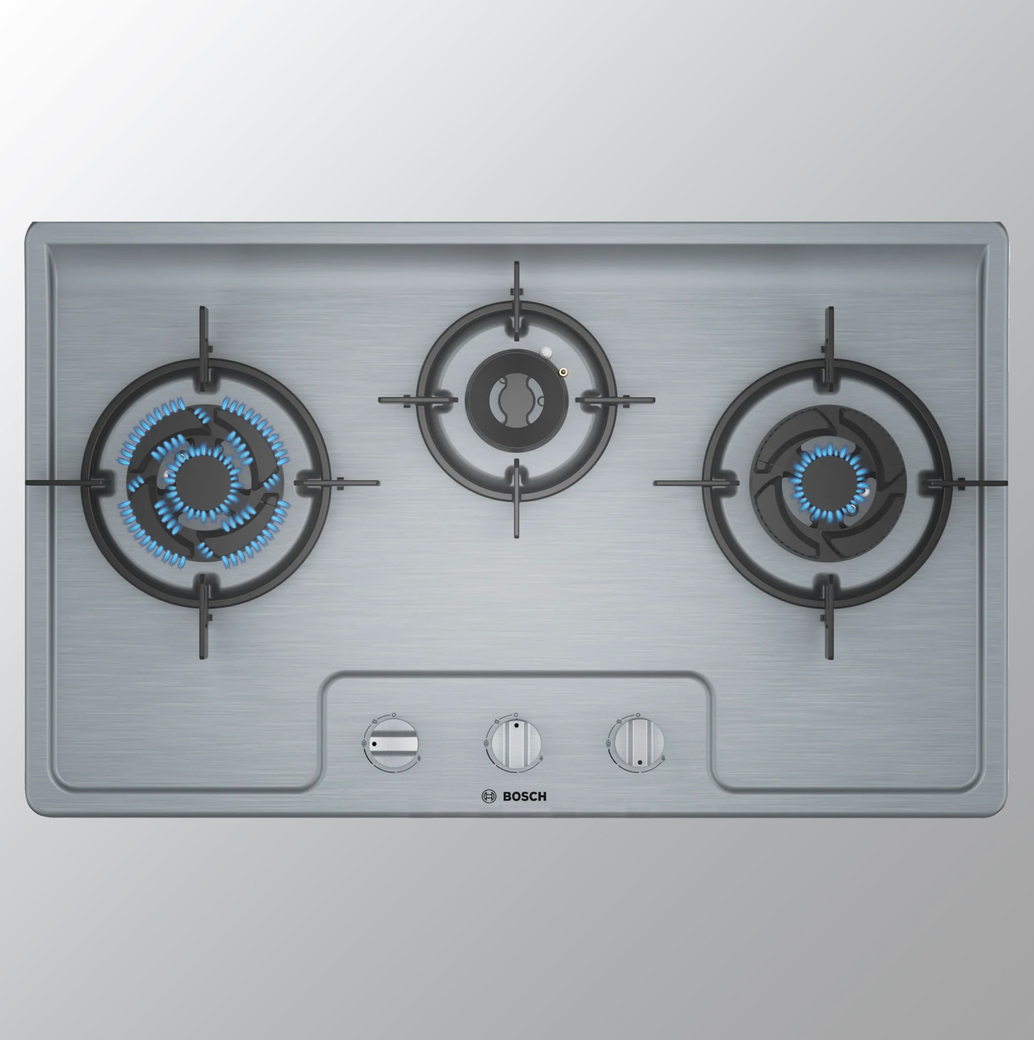 Bosch Built in Gas Hob Stainless Steel Glass 3 Burner Auto Ignition 70 cm 2 Mini Triple Ring Brass Burner and 1 Double Ring Brass (PMD83D51NX)