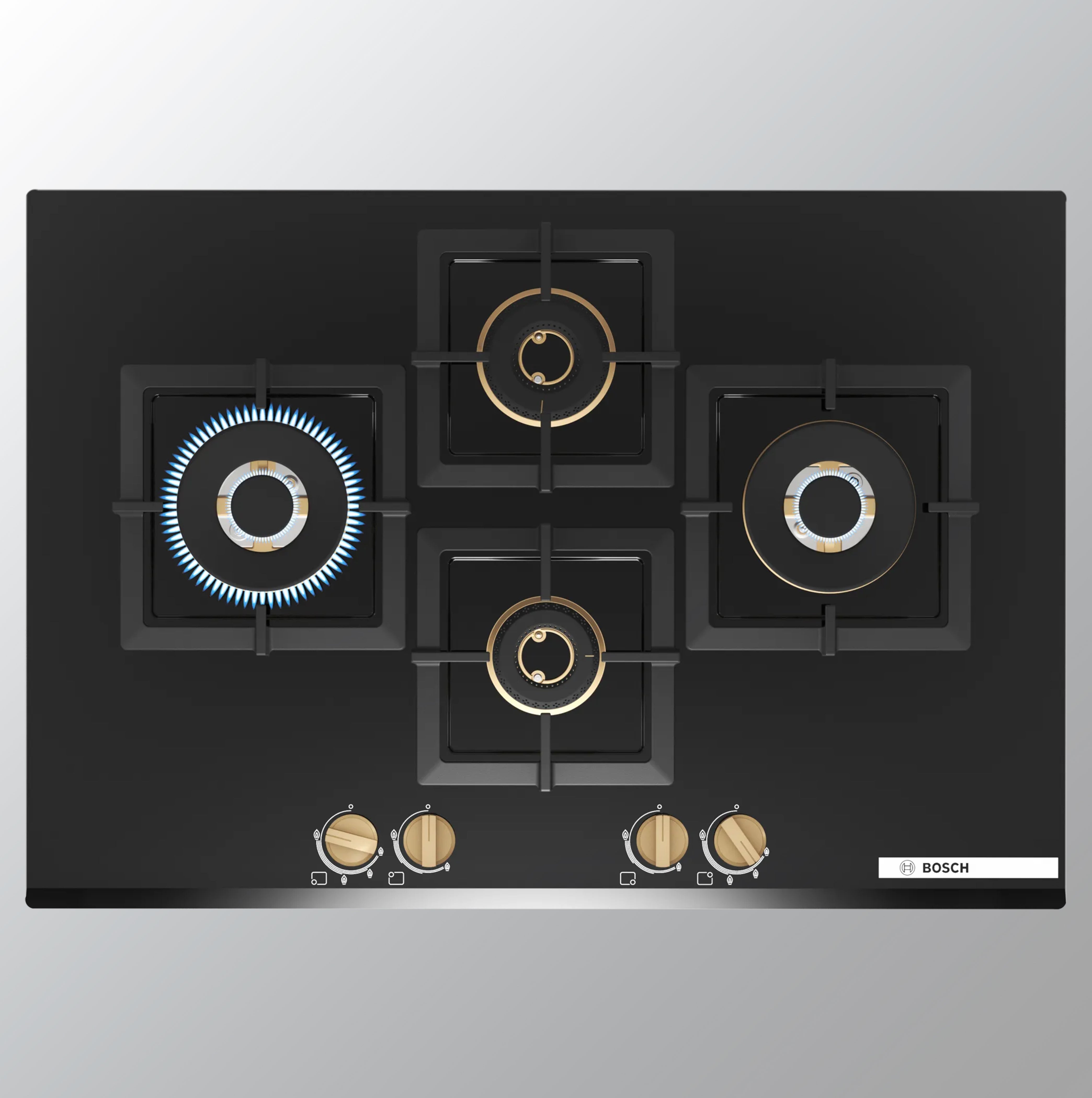 BOSCH PNI7B6G20I Automatic Glass Hob 4 Brass BURNER Triple Ring Black 75 CM