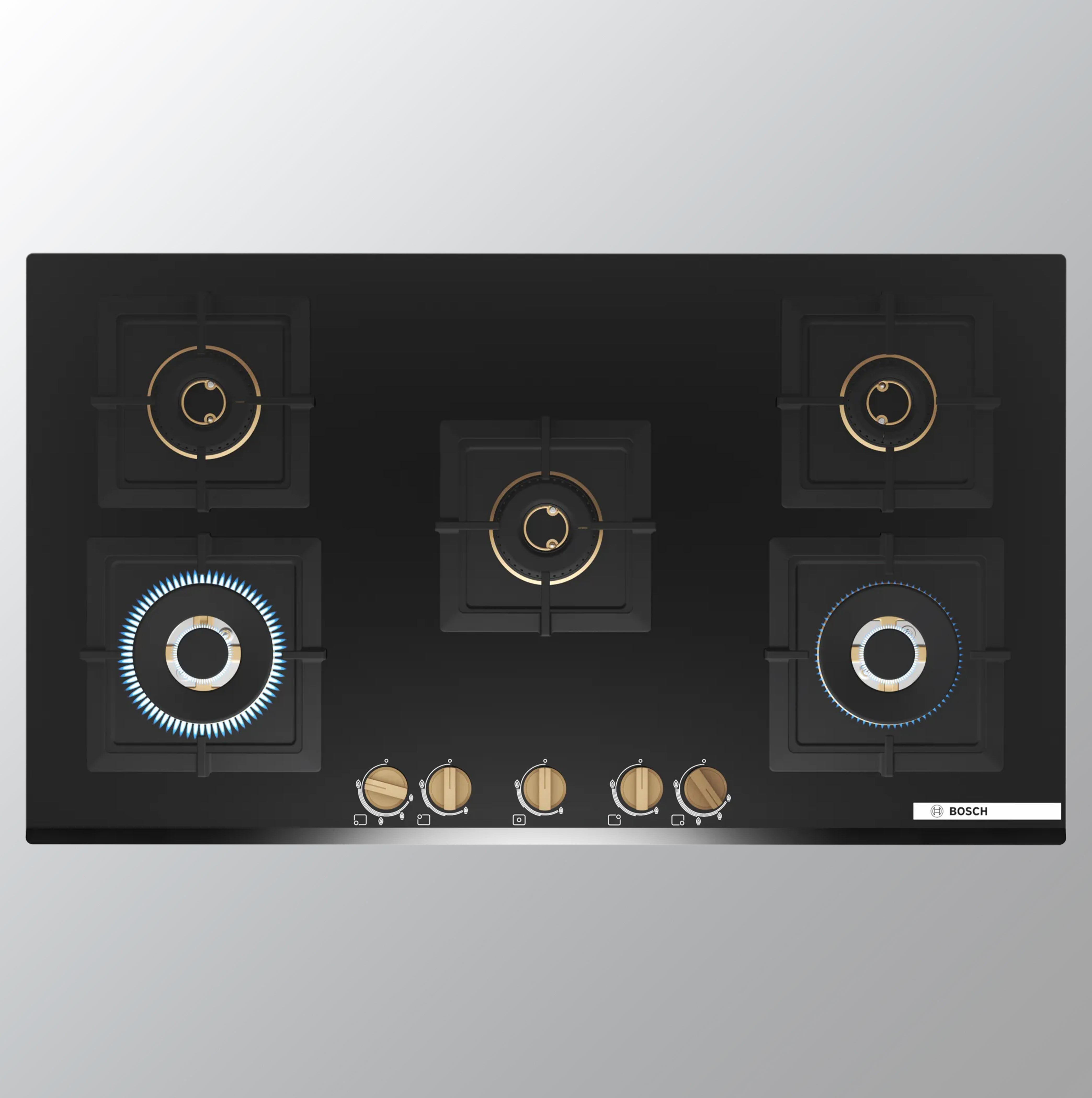 BOSCH PNV9B6G20I Automatic Glass Hob 5 Brass BURNER Triple Ring Black 90 CM
