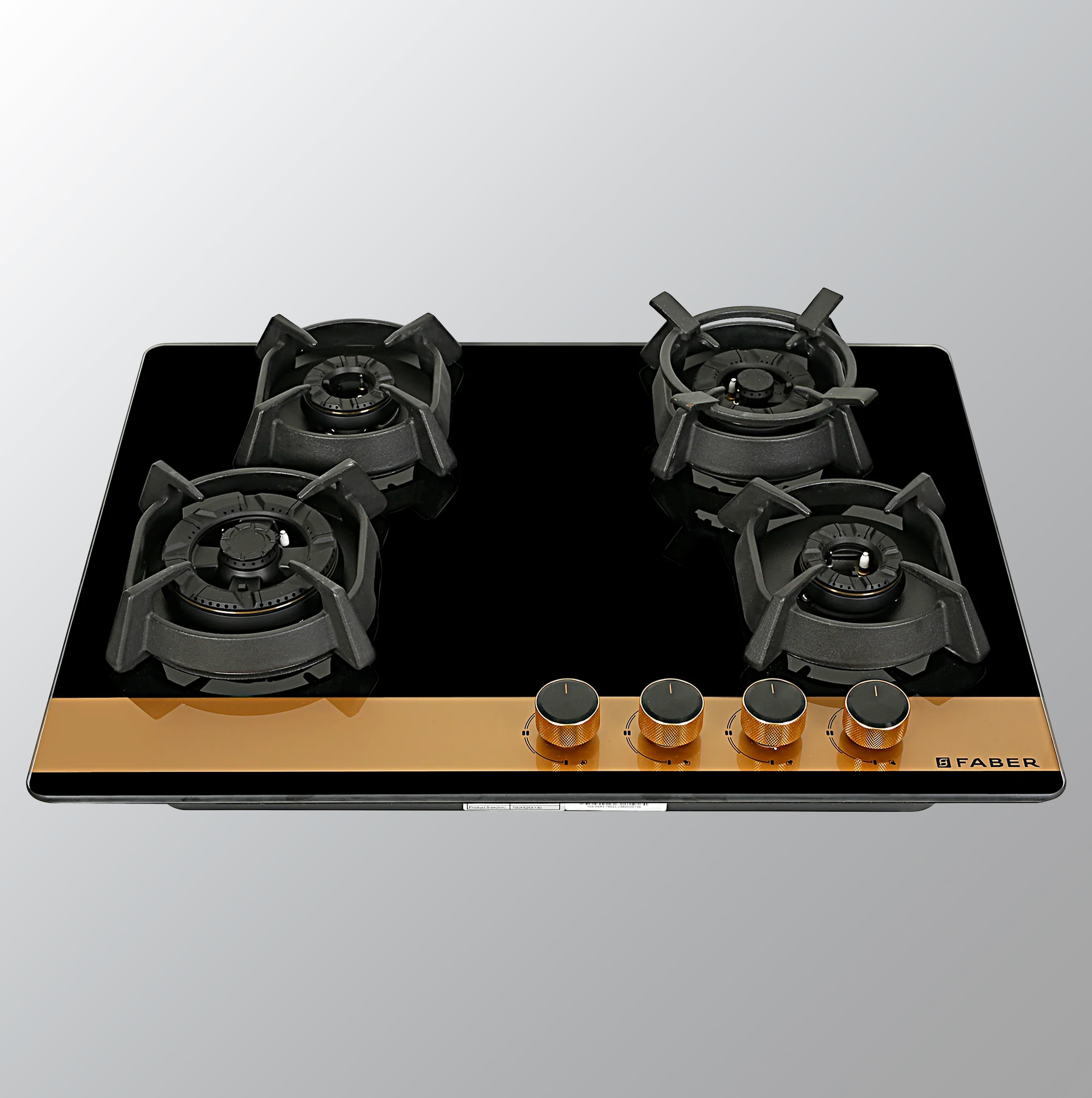 Faber 70cm 4Burner Gas Hob | Flame Failure Device | Cast Iron Pan Support | Metal Knobs | Dual Flame Burner | 8mm Toughened Black Glass | Versatile Hob/Cooktop | Hob Utopia Pro HT 704 BR CI