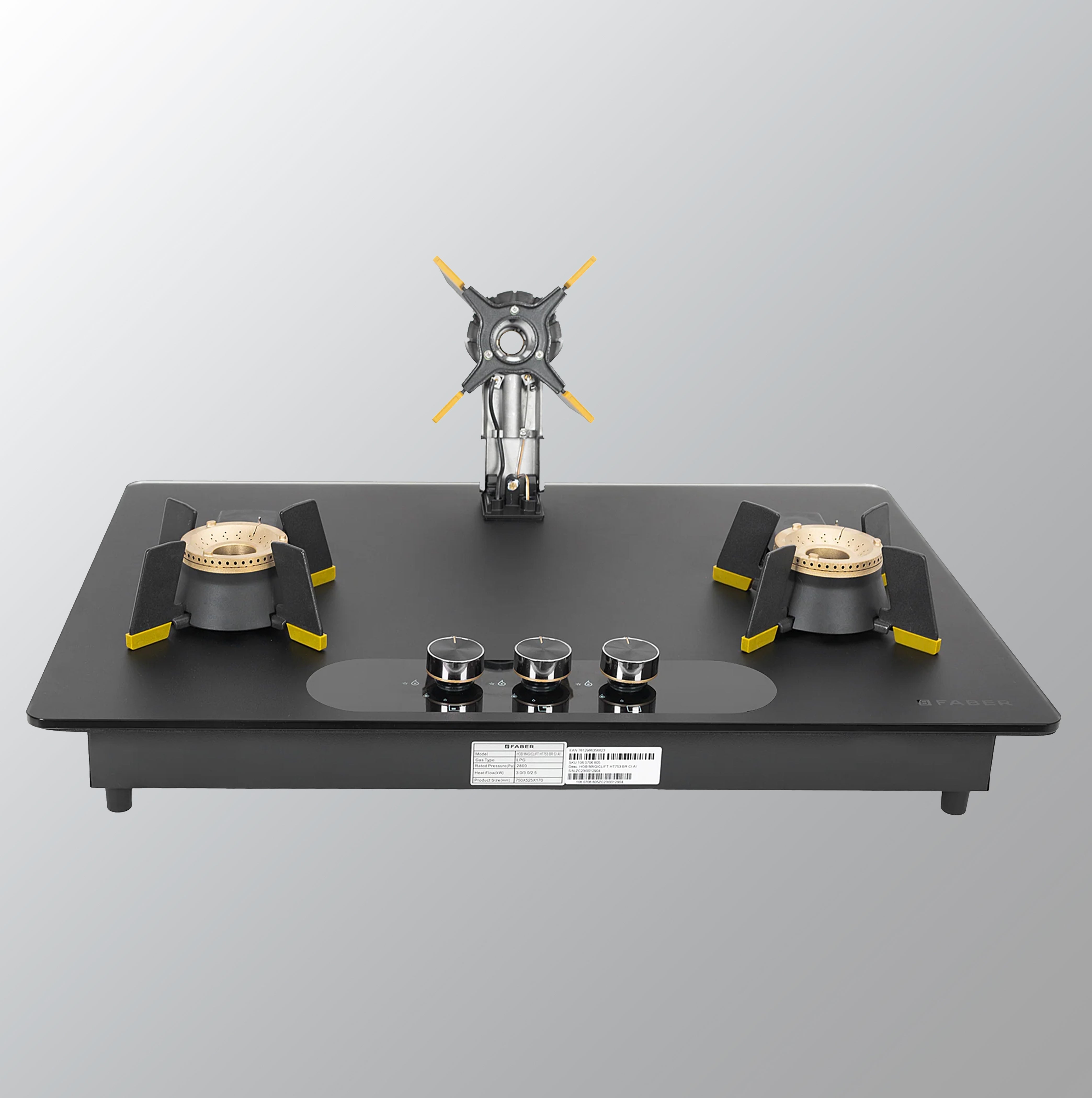 Faber 75cm Black Glass Hob with Liftable Burners | Auto Ignition | FFD | Cast Iron Pan Support | Premium Knobs | 2Yr Comprehensive Warranty | 5Yr on Glass, Burners & Valves | Hob Magiclift HT753 BR CI