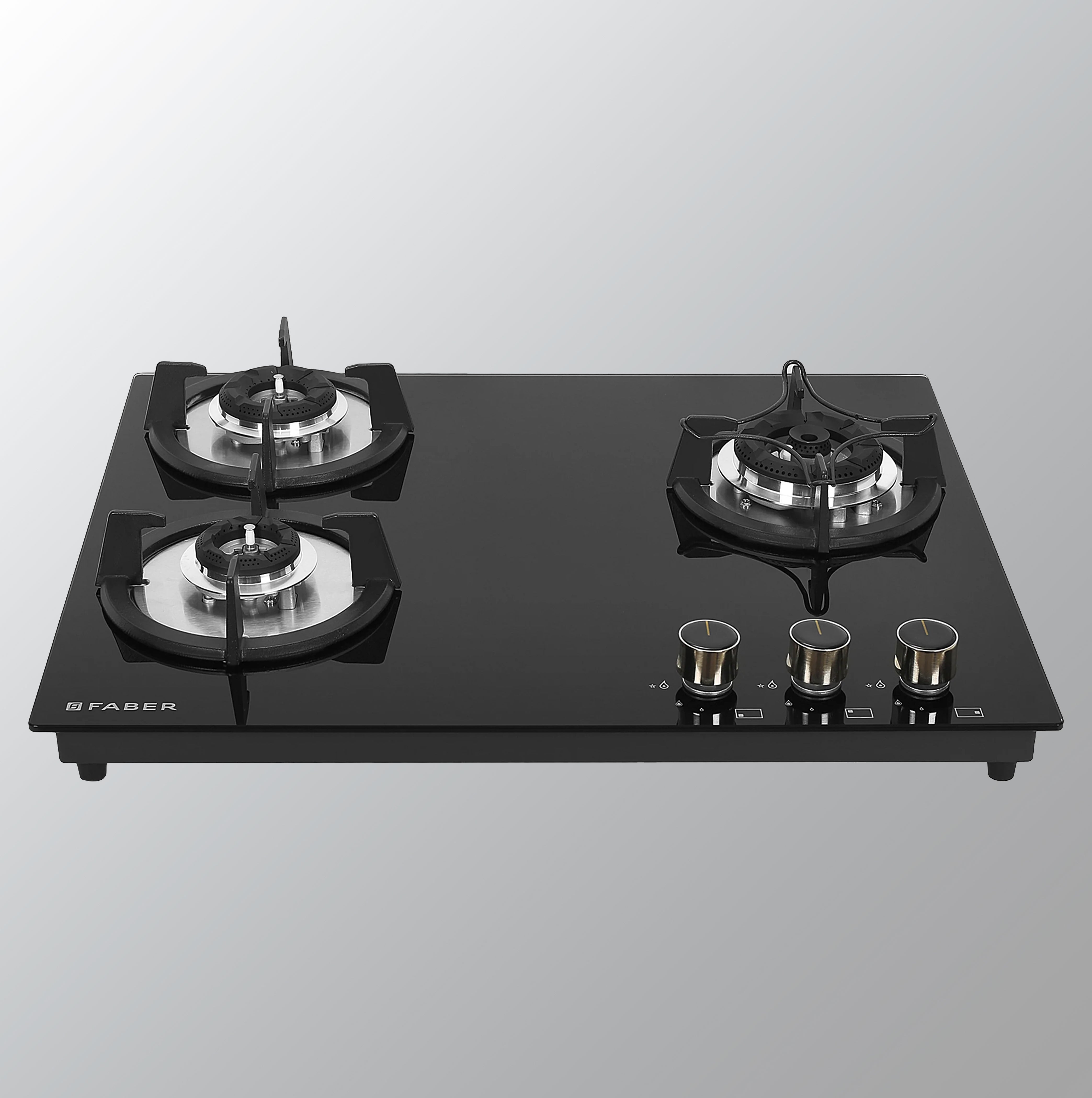 Faber Hob 3 Burner | Auto-Ignition | Spillage Proof | HOB SUPERIA HT653 BR AI | Concealed Chamber | Metal Knobs | Pan Support | Black Glass Finish |5 Yr Warranty on Burner & Glass | 1 Yr comprehensive