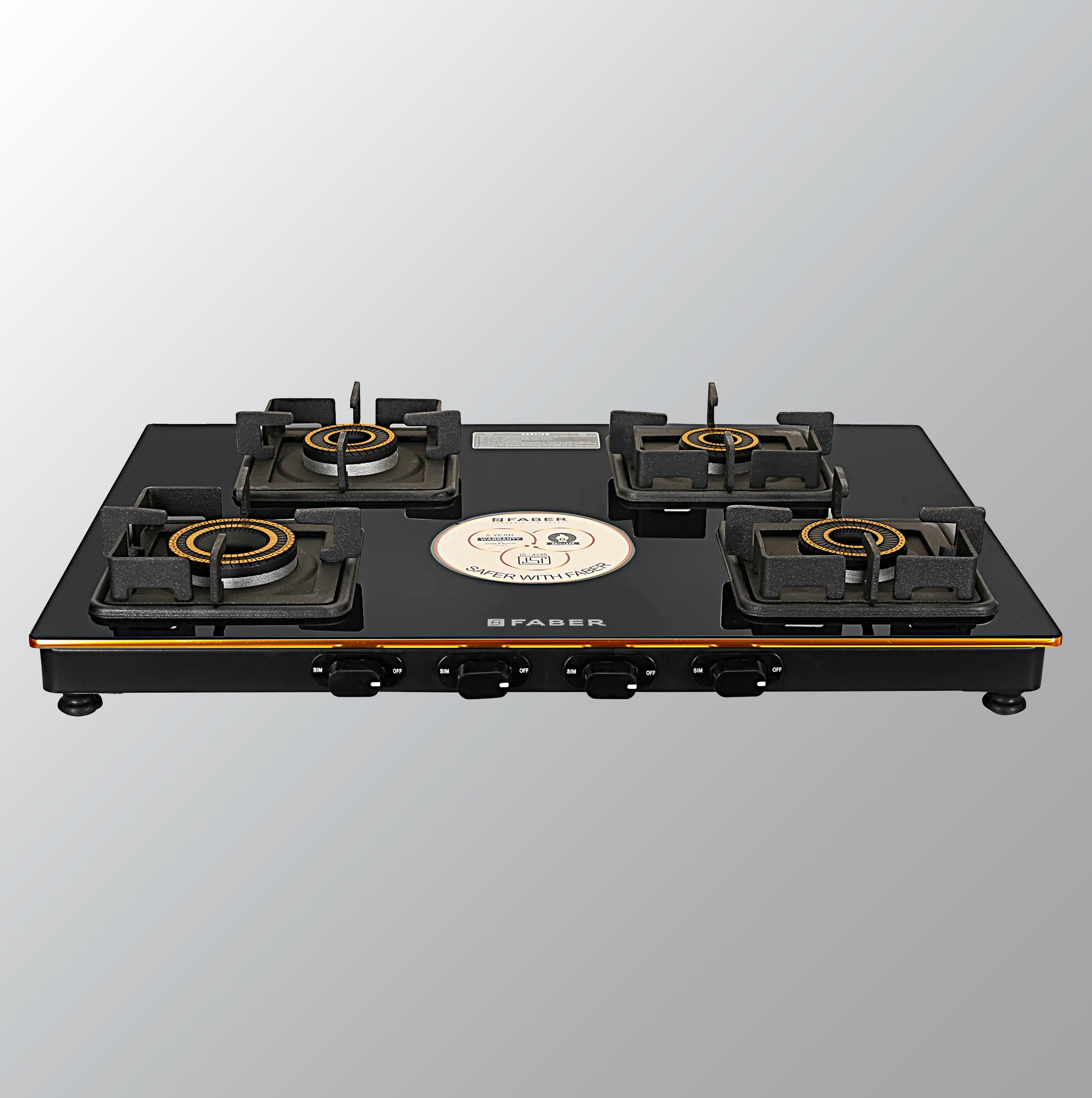 Faber Stylish 4 Brass Burners 69cm Sleek Cooktop |Manual Ignition|MS Powder Coated Pan Support|Black Glass Finish|5 Yrs Warranty Glass & Burners|2 Yrs Comprehensive & Valve| Cooktop Prince Pl