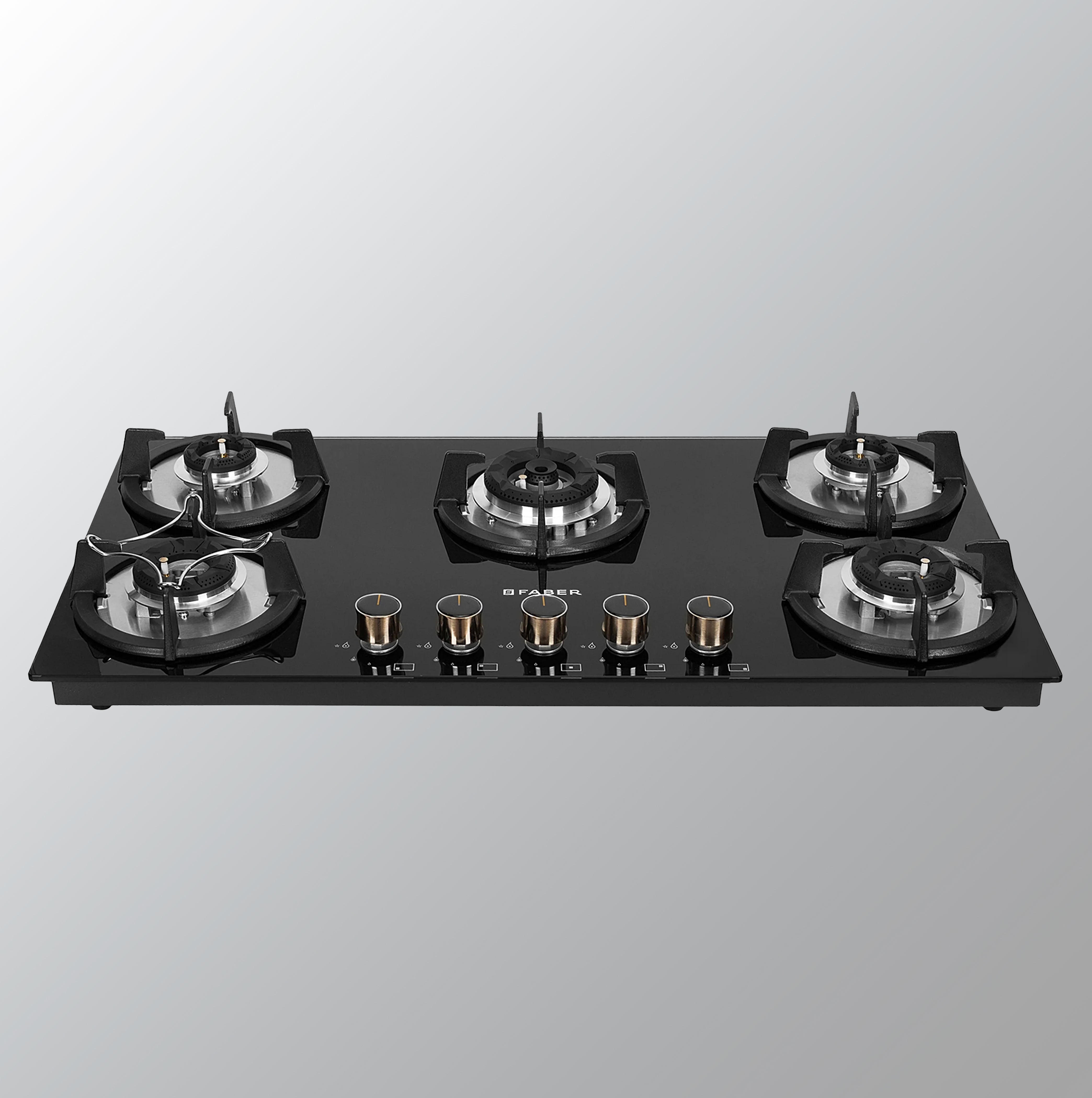 Faber Hob 5 Burner | Auto-Ignition | Spillage Proof | HOB SUPERIA HT905 BR AI | Concealed Chamber | Metal Knobs | Pan Support | Black Glass Finish |5 Yr Warranty on Burner & Glass | 1 Yr comprehensive