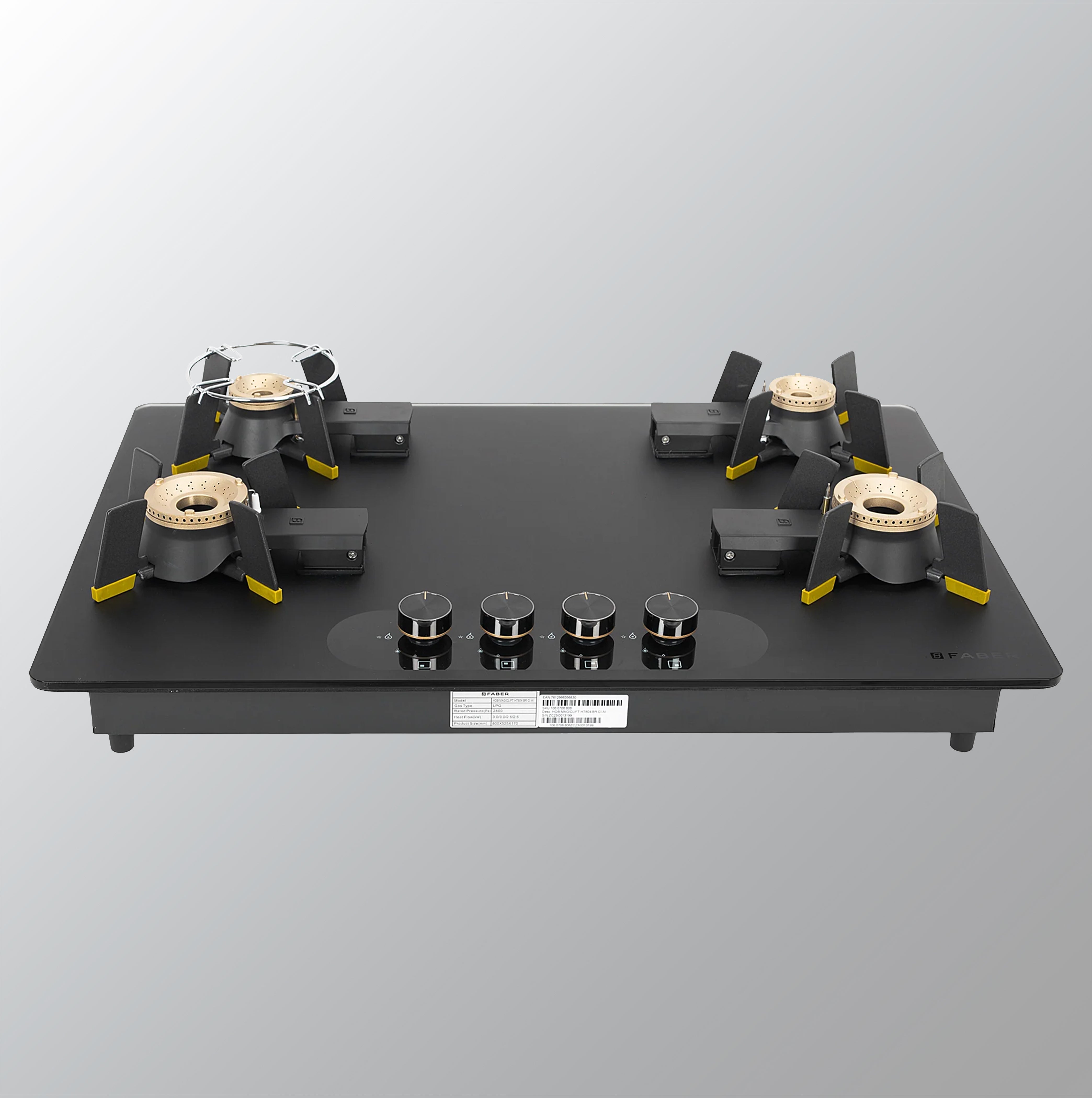 Faber HT804 BR CI AI Hob - 80cm Black Glass| Auto Ignition| FFD| Cast Iron Pan Support| Premium Knobs| 2Yr Warranty, 5Yr on Glass, Burners & Valves| Hob Magiclift