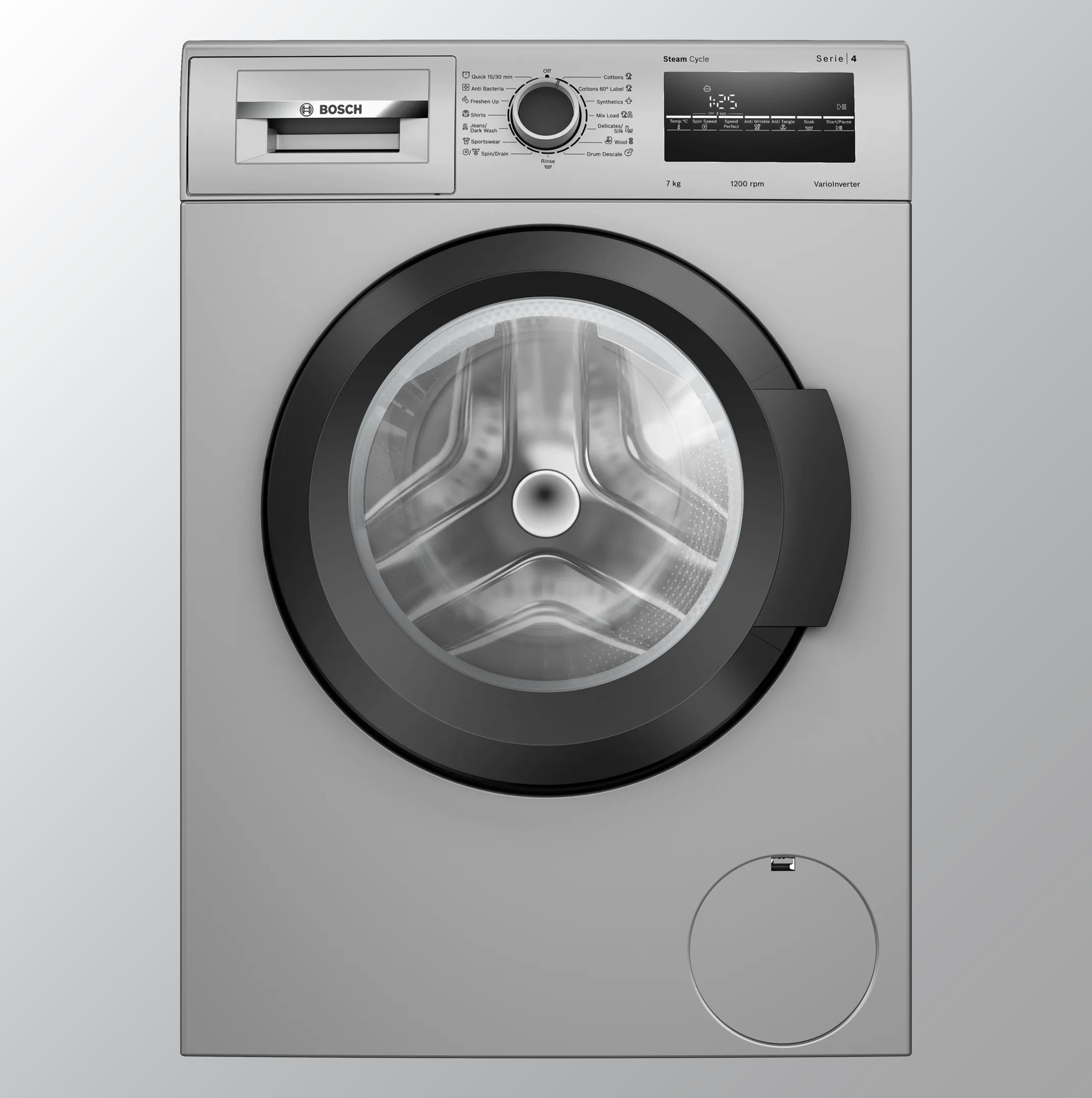 Bosch 7 கிலோ 5 ஸ்டார் முழு தானியங்கி முன் ஏற்றுதல் வாஷிங் மெஷின் (WAJ24266IN, வெள்ளி, AI ஆக்டிவ் வாட்டர் பிளஸ், உள்ளமைக்கப்பட்ட ஹீட்டர், BLDC இன்வெர்ட்டர் மோட்டார், நீராவி)