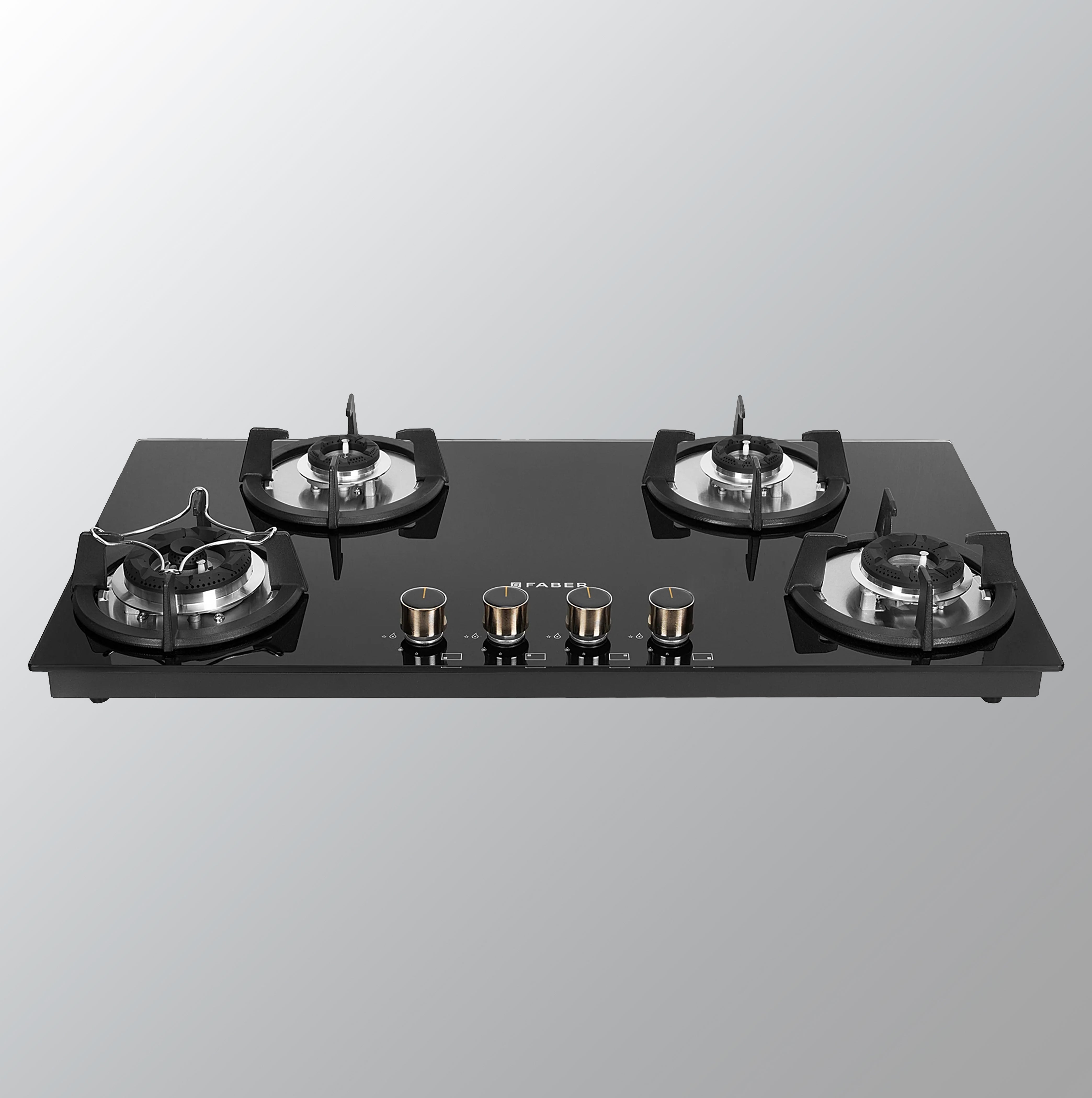 Faber HOB SUPERIA HT904 BR AI 4 Burner | Auto-Ignition | Spillage Proof | Concealed Chamber | Metal Knobs | Pan Support | Black Glass Finish | 5 Yr Burner & Glass Warranty | 1 Yr Comprehensive