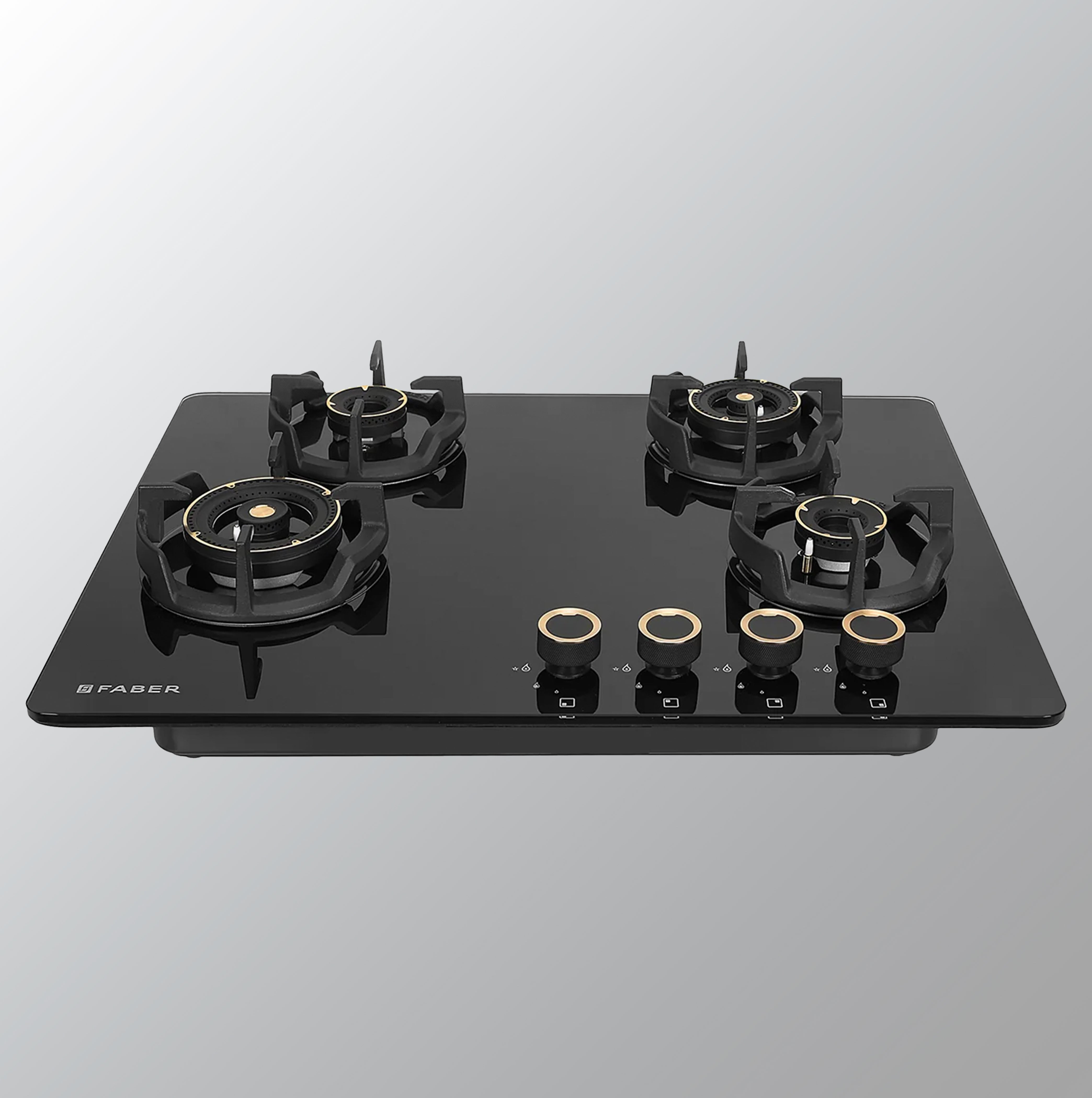 Faber 70cm 4 Burner Hob | Auto Electric | Built-In or Hobtop | Brass Burners | Cast Iron Pan Support | Glass Finish | Metal Knobs | Warranty 5 Years on Glass and Valves | HOB EXPERIA HT704 AL