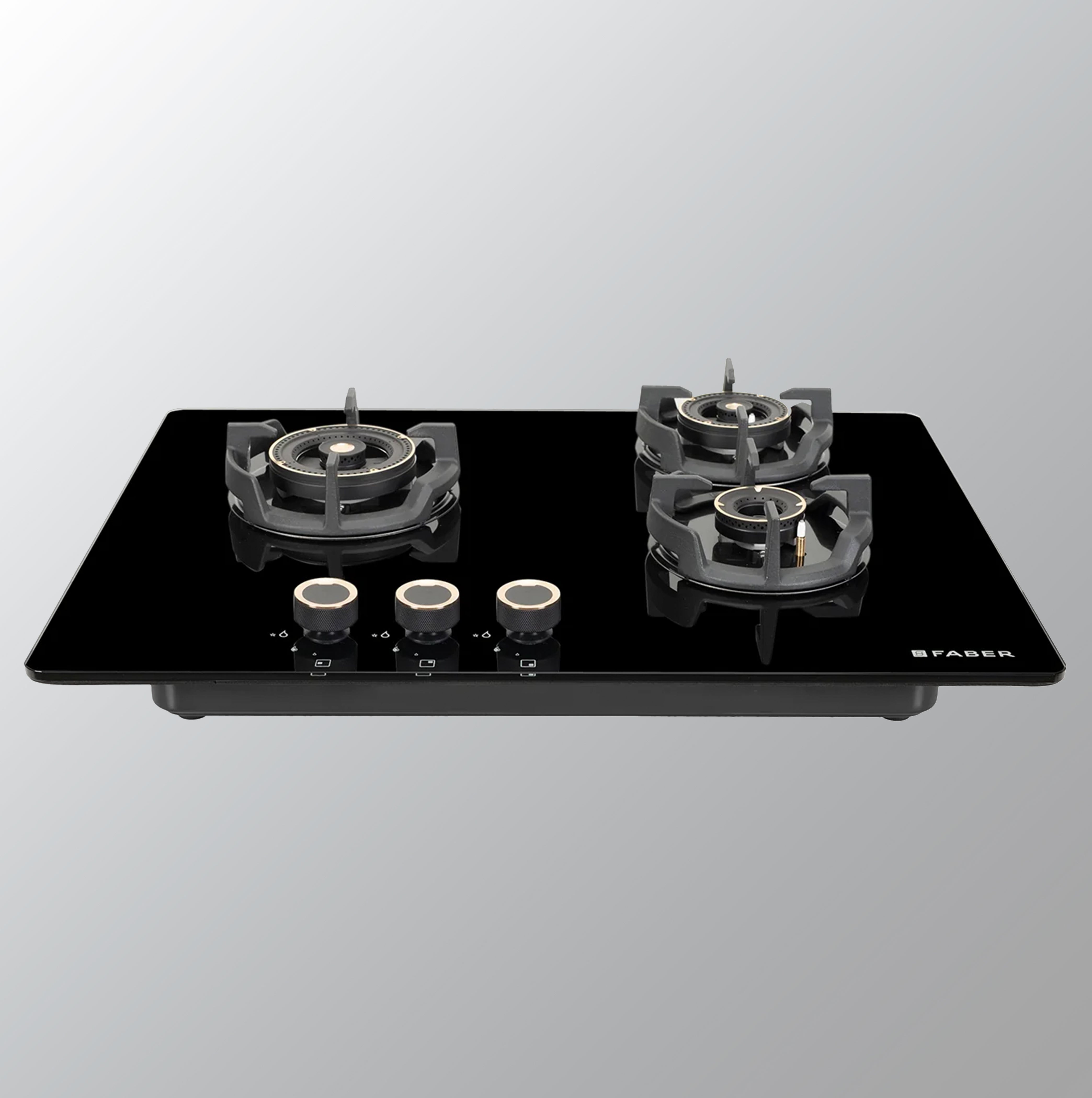 Faber 70cm 3 Burner Hob | Auto Electric | Built-In or Hobtop | Brass Burners | Cast Iron Pan Support | Glass Matt Finish | Metal Knobs | Warranty 5 Years on Glass and Valves | HOB EXPERIA HT703